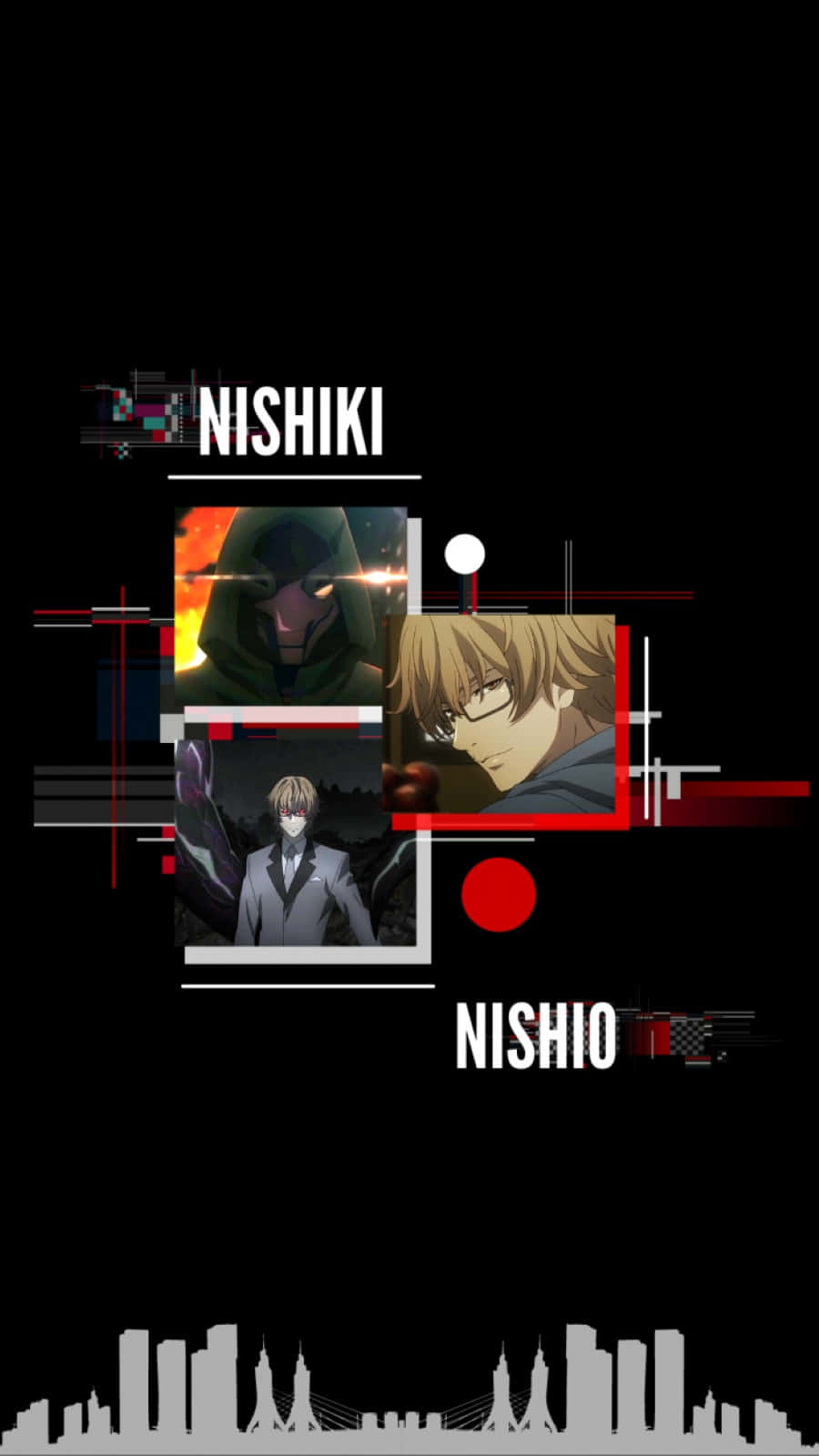 Nishiki Nishio 桌布 壁紙 — 一張風格化的動漫壁紙，以三個男性角色為特色，在帶有紅色和白色點綴的故障城市拼貼畫中，背景為黑色。
