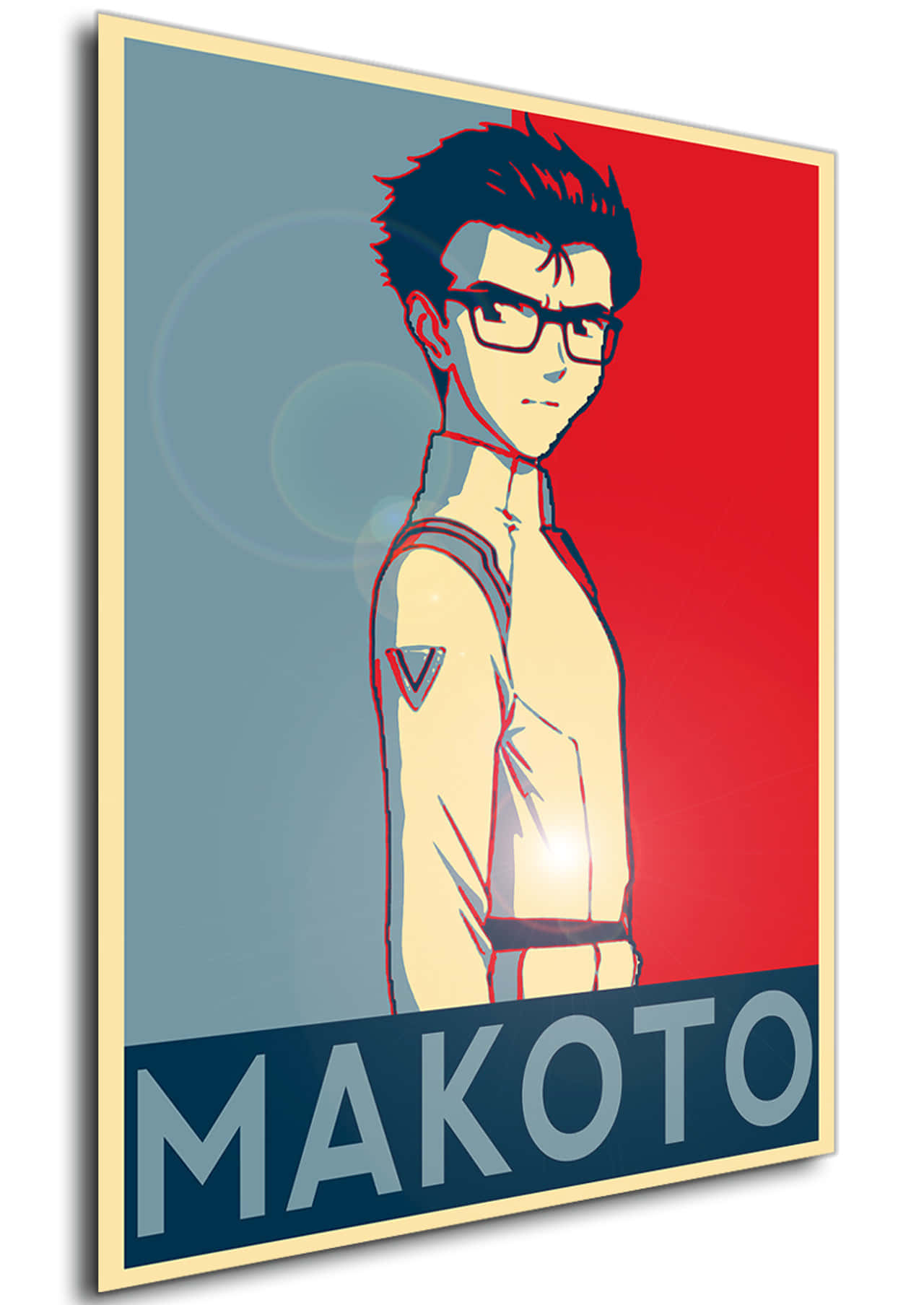 Makoto Hyuga 桌布 壁紙 — 一張風格化的動漫海報，描繪一位戴眼鏡、頭髮尖刺的年輕男子，背景為紅色和藍色，並帶有名字 MAKOTO。