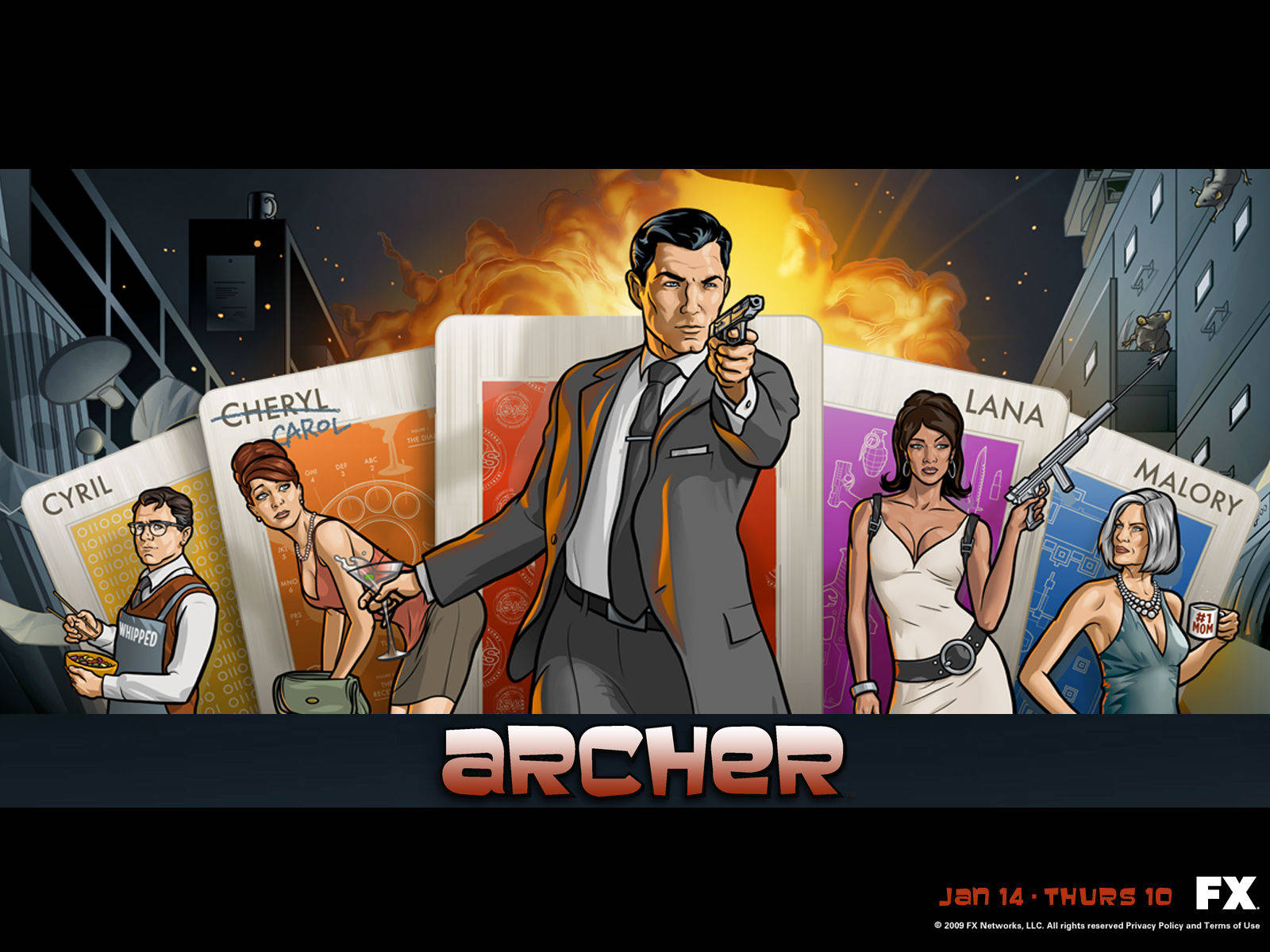 archer 桌布 壁紙 — 一張風格化的動畫海報，為《Archer》設計，展示一名穿西裝的男子舉槍瞄準，四名女性角色出現在撲克牌上，背景是火熱的城市景觀。