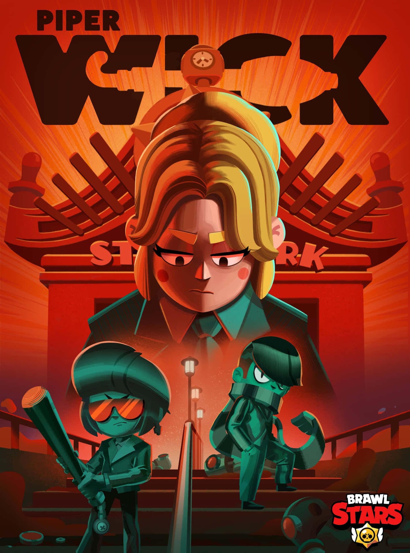 荒野亂鬥 桌布 壁紙 — 一張風格化的卡通海報，展示《Brawl Stars》中的 Piper Kick 站在樓梯頂端，下方有兩名綠色戰士，背景為火橙色。