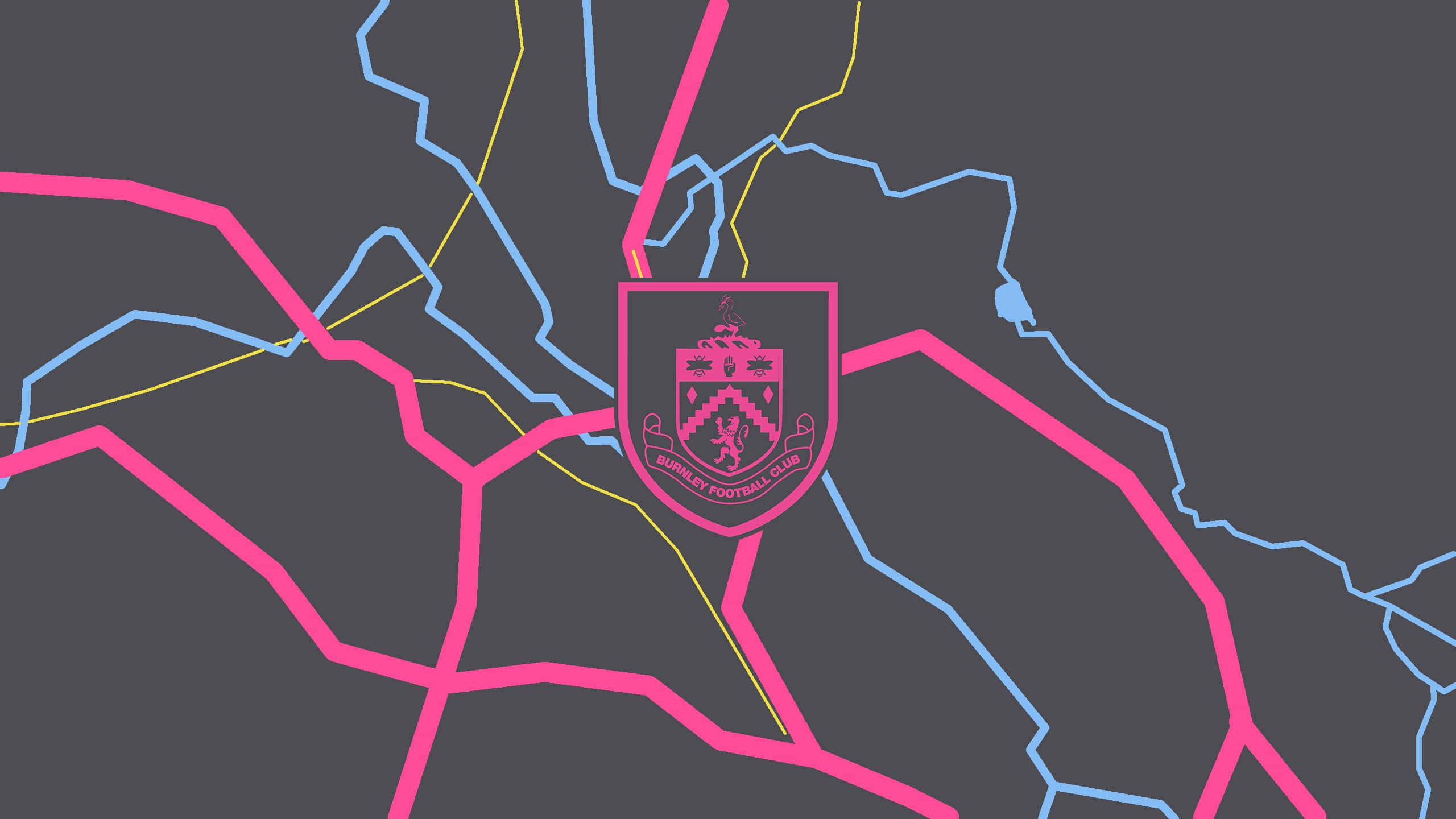 Burnley Fc 桌布 壁紙 — 一張風格化的地圖，在深灰色背景上，粉紅色、藍色和黃色線條從中央的伯恩利足球俱樂部徽章向外輻射。