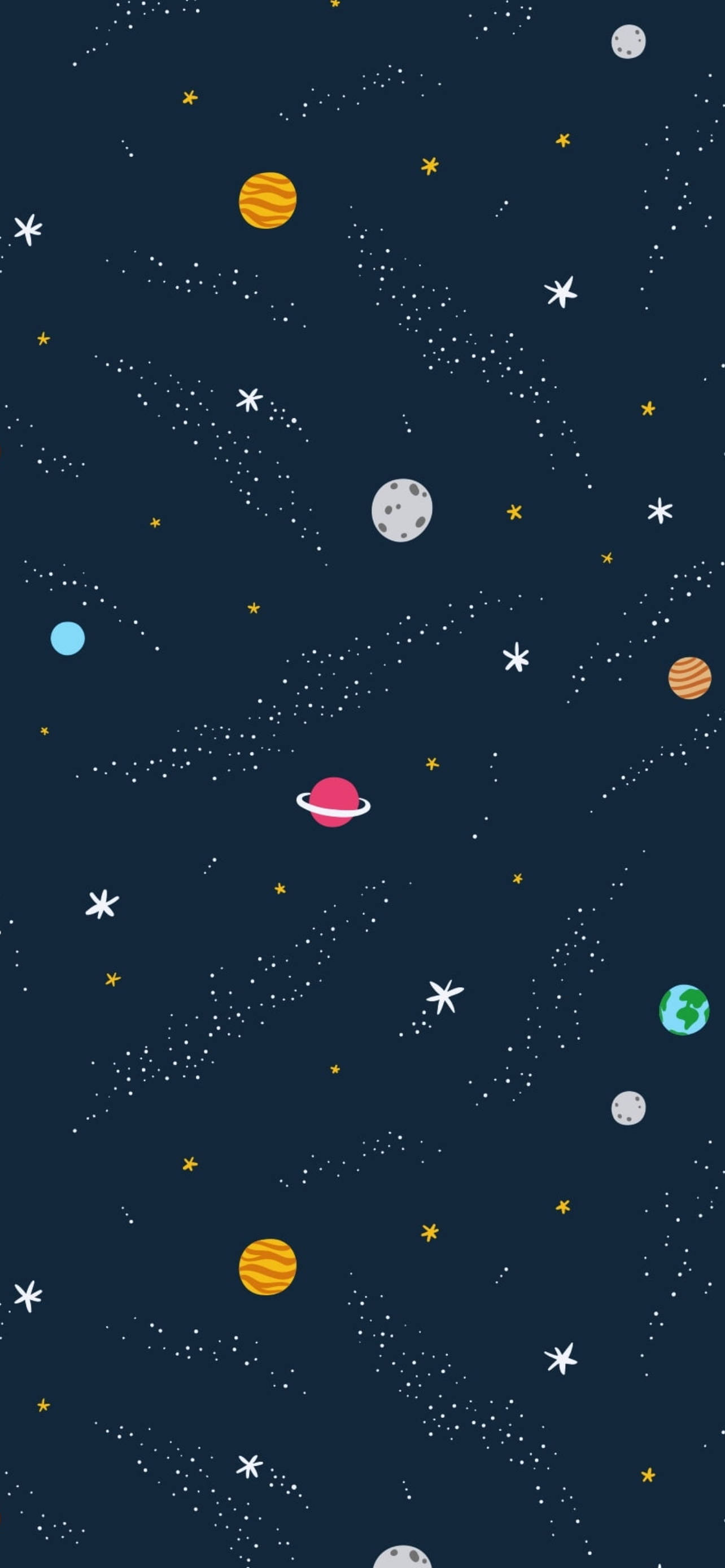 宇宙 桌布 壁紙 — 一張風格化的宇宙壁紙，以深海軍藍背景襯托色彩繽紛的行星、星星和星雲。