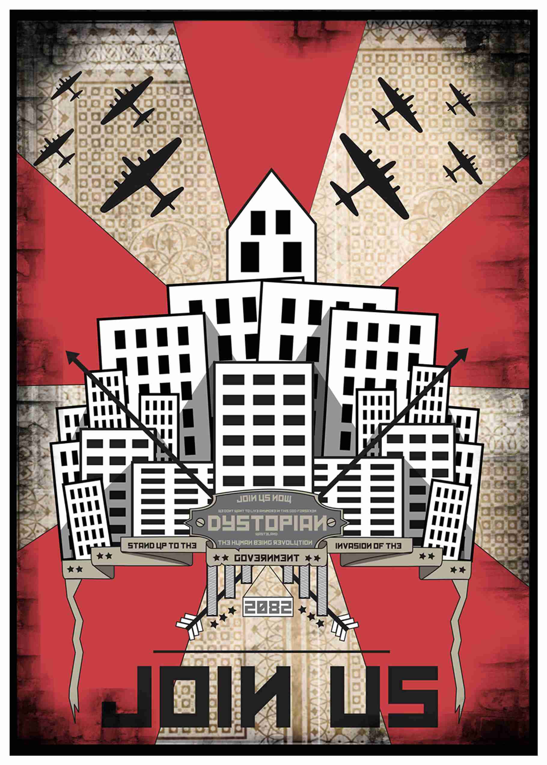 Constructivism 桌布 壁紙 — 一張風格化的宣傳海報，展示白色建築的城市景觀，在紅色的太陽下，黑色飛機在上空飛過。