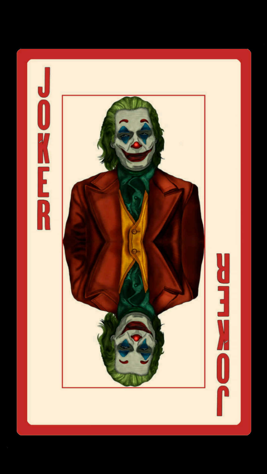 Joker Card 桌布 壁紙 — 一張風格化的小丑牌插圖，描繪一個微笑的小丑，有綠色頭髮和紅色嘴唇，垂直鏡像在奶油色背景上，帶有紅色邊框。