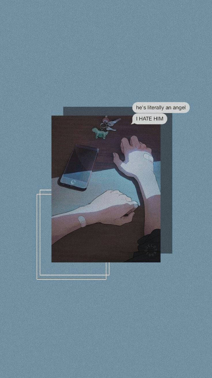 Aesthetic Love 桌布 壁紙 — 一張風格化的插圖，描繪桌上兩隻手、一部手機和一個天使雕像，上面覆蓋著表達矛盾感受的文字氣泡。