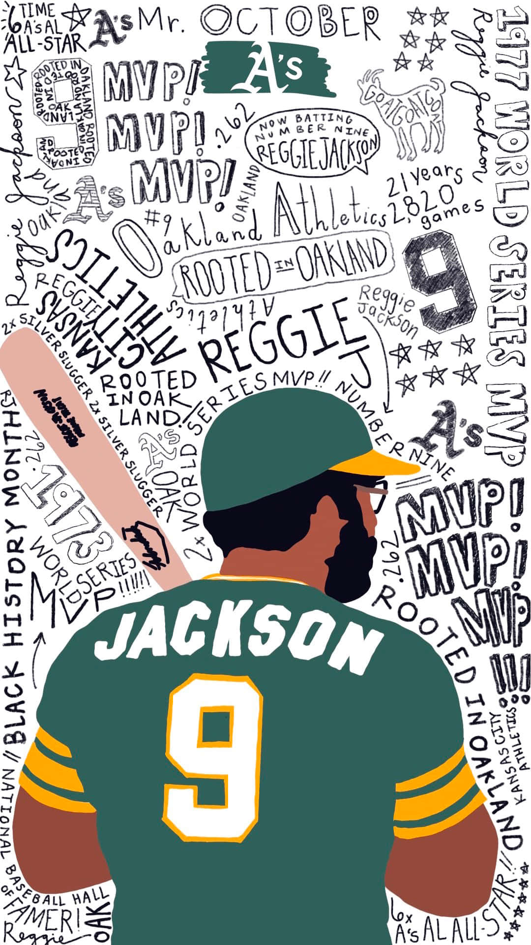 baseball bat 桌布 壁紙 — 一張風格化的插圖，描繪棒球運動員 Reggie Jackson 身穿綠色球衣（背號9），從背後觀看，周圍環繞著慶祝文字和標誌。