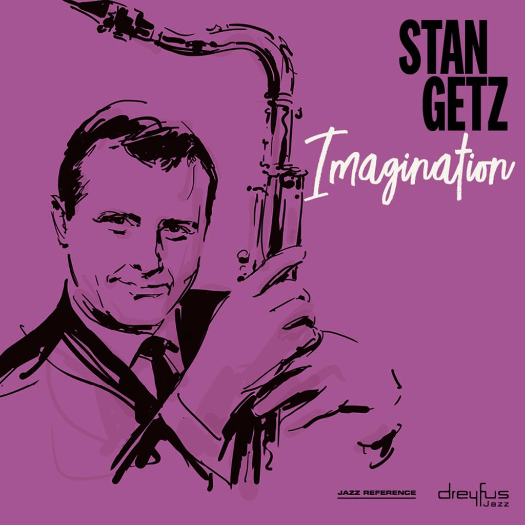 音樂 桌布 壁紙 — 一張風格化的插圖，描繪爵士音樂家 Stan Getz 手持薩克斯風，背景為鮮豔的紫色，並帶有專輯標題文字。