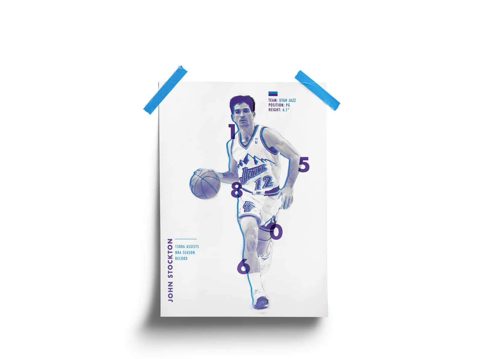 NBA 桌布 壁紙 — 一張風格化的插圖海報，描繪籃球運動員約翰·斯托克頓身穿猶他爵士隊球衣，手持籃球，用藍色膠帶貼在牆上。