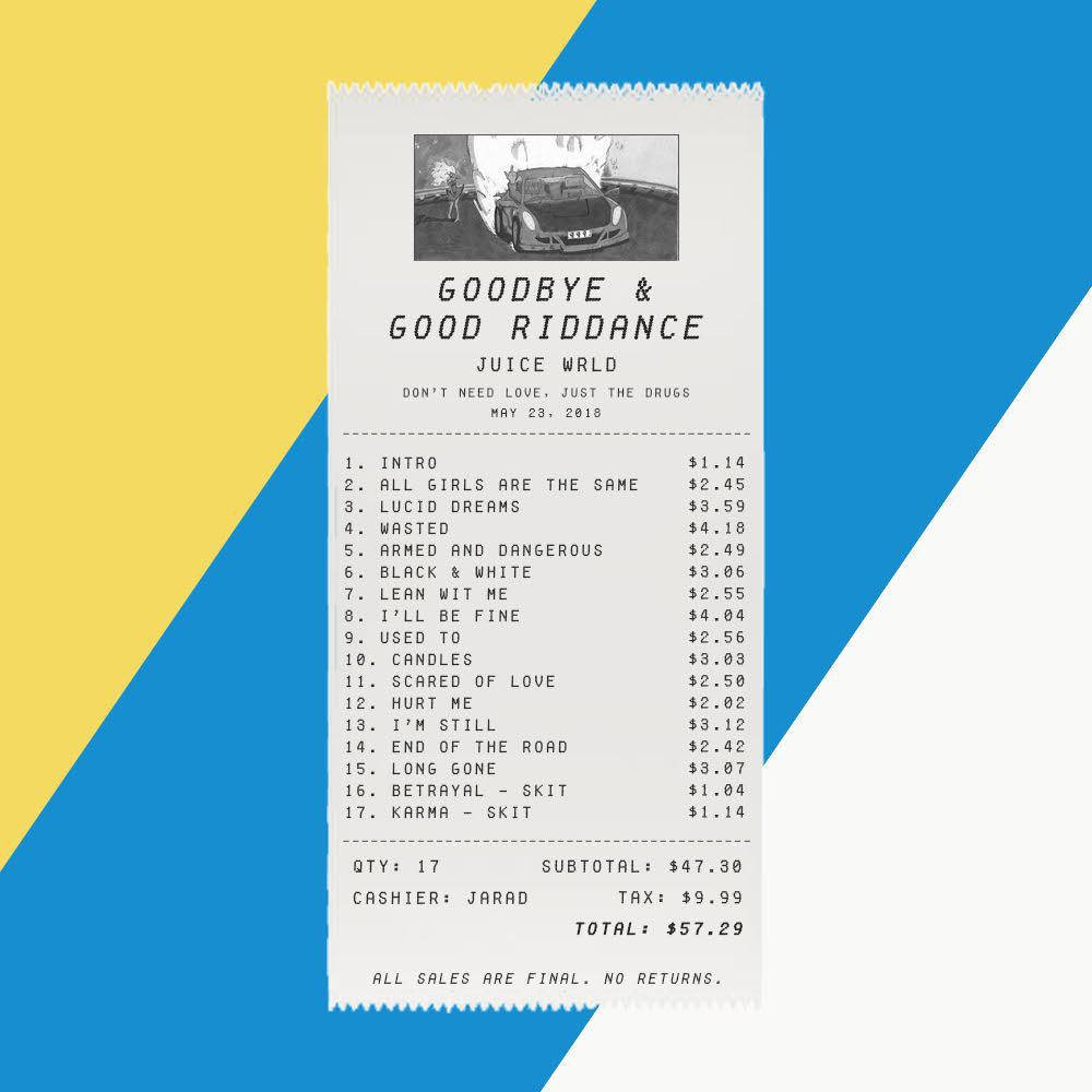 在色彩繽紛的幾何背景上，Juice WRLD的《Goodbye & Good Riddance》專輯購買收據。 — Juice Wrld 壁紙
