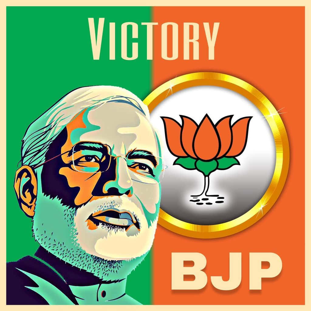 Bjp 桌布 壁紙 — 一張風格化的政治海報，男士的臉被綠色和橙色分割，帶有BJP蓮花標誌和VICTORY字樣。