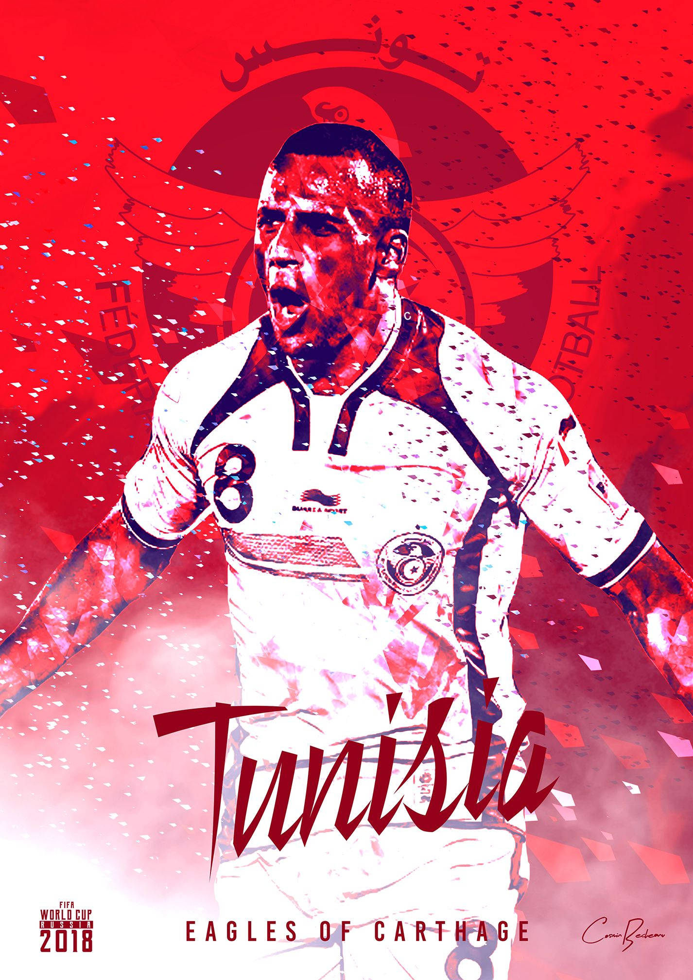 Tunisia 桌布 壁紙 — 一張風格化的數位插圖，描繪一位身穿白色8號球衣的突尼西亞足球員，在充滿活力的紅色背景前，伴隨著五彩紙屑和國徽慶祝。