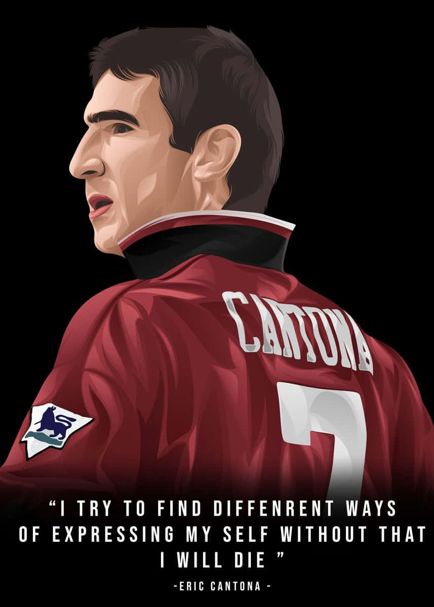 Animated 桌布 壁紙 — 一張風格化的數位肖像，Eric Cantona 身穿紅色曼聯球衣，背面印有他的名字和 7 號，背景為黑色。