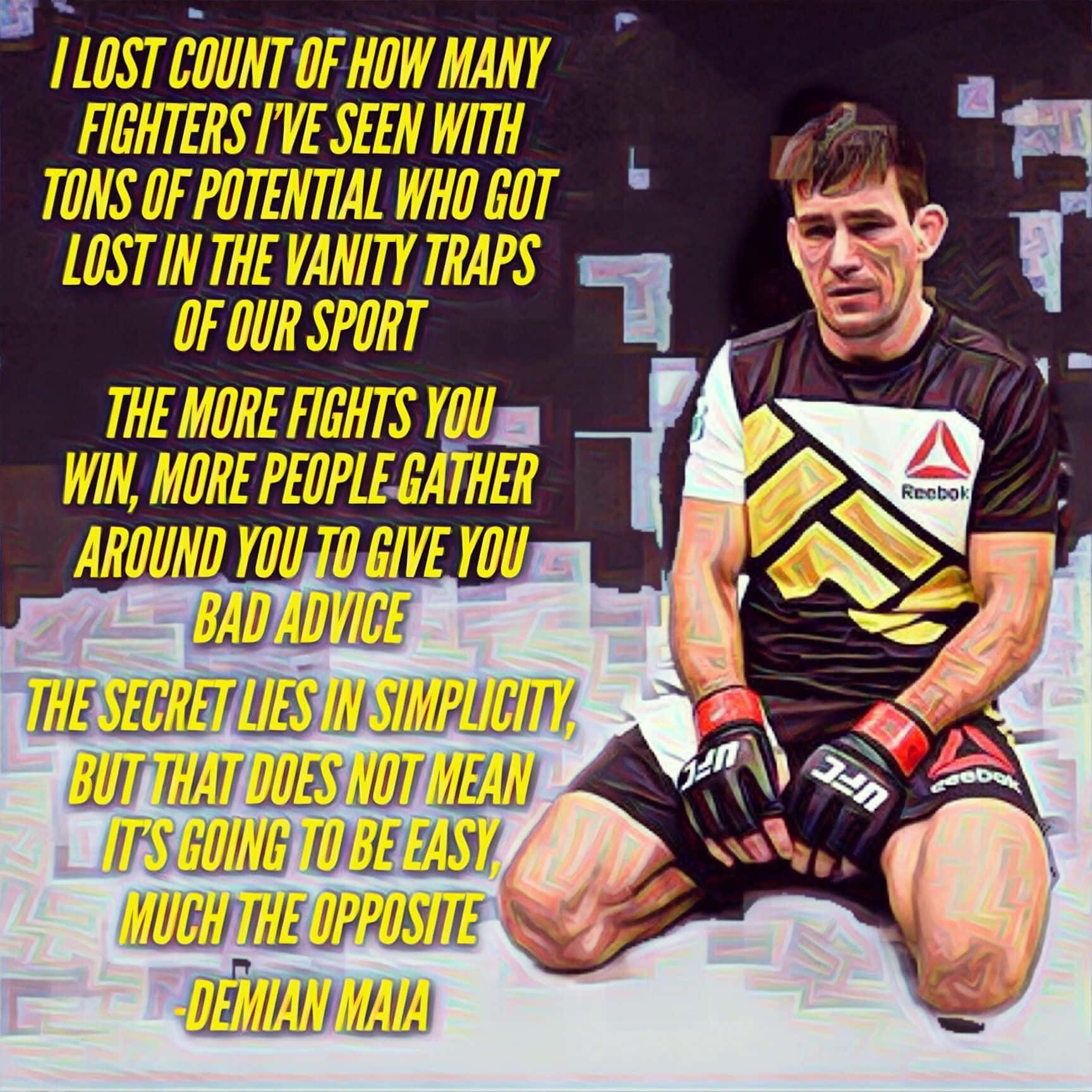 Champion 桌布 壁紙 — 一張風格化的數位肖像，描繪戰士 Demian Maia 身穿 Reebok UFC 制服跪地，並疊加激勵文字。