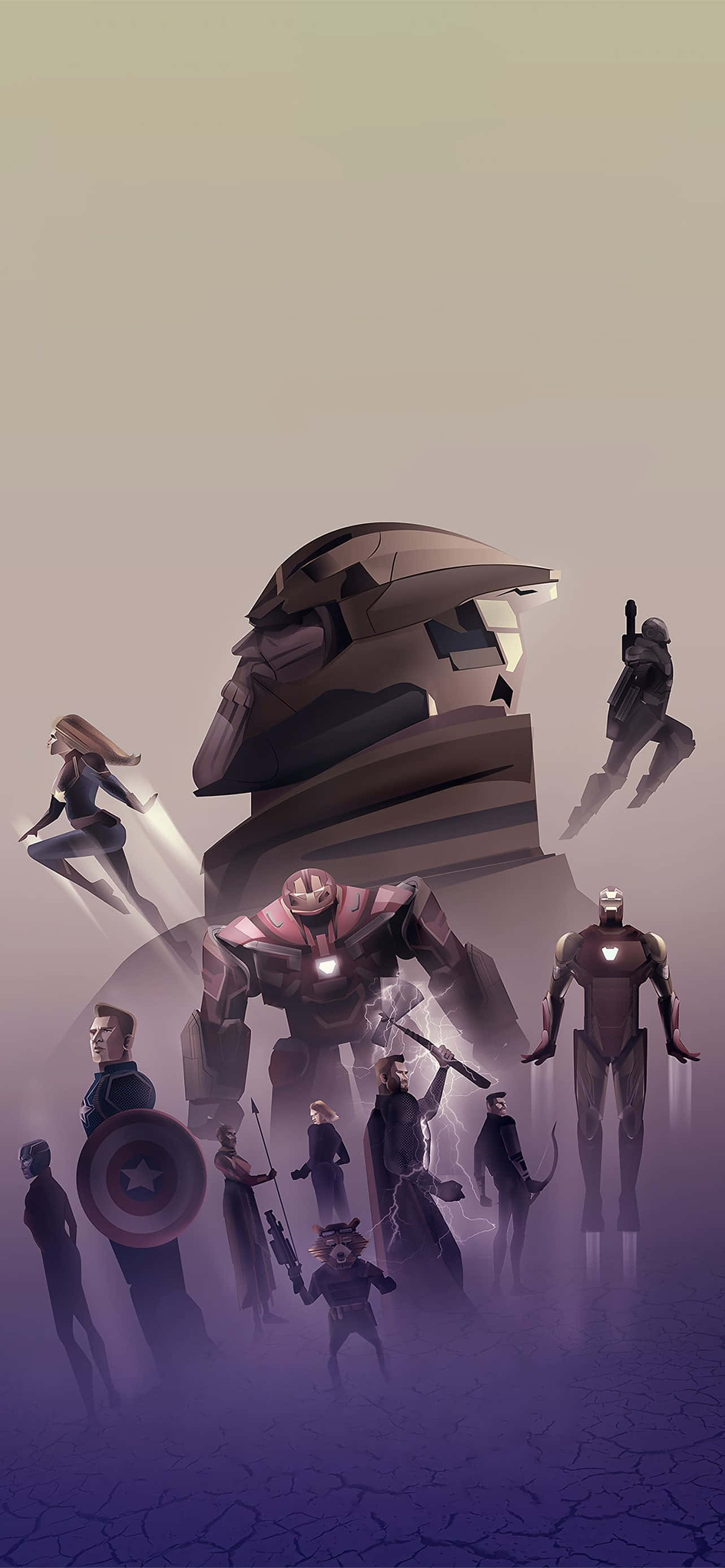 Avengers Endgame iPhone 桌布 壁紙 — 一張風格化的數位藝術桌布，描繪標誌性超級英雄和機器人站在裂開的紫色景觀中，天空朦朧。