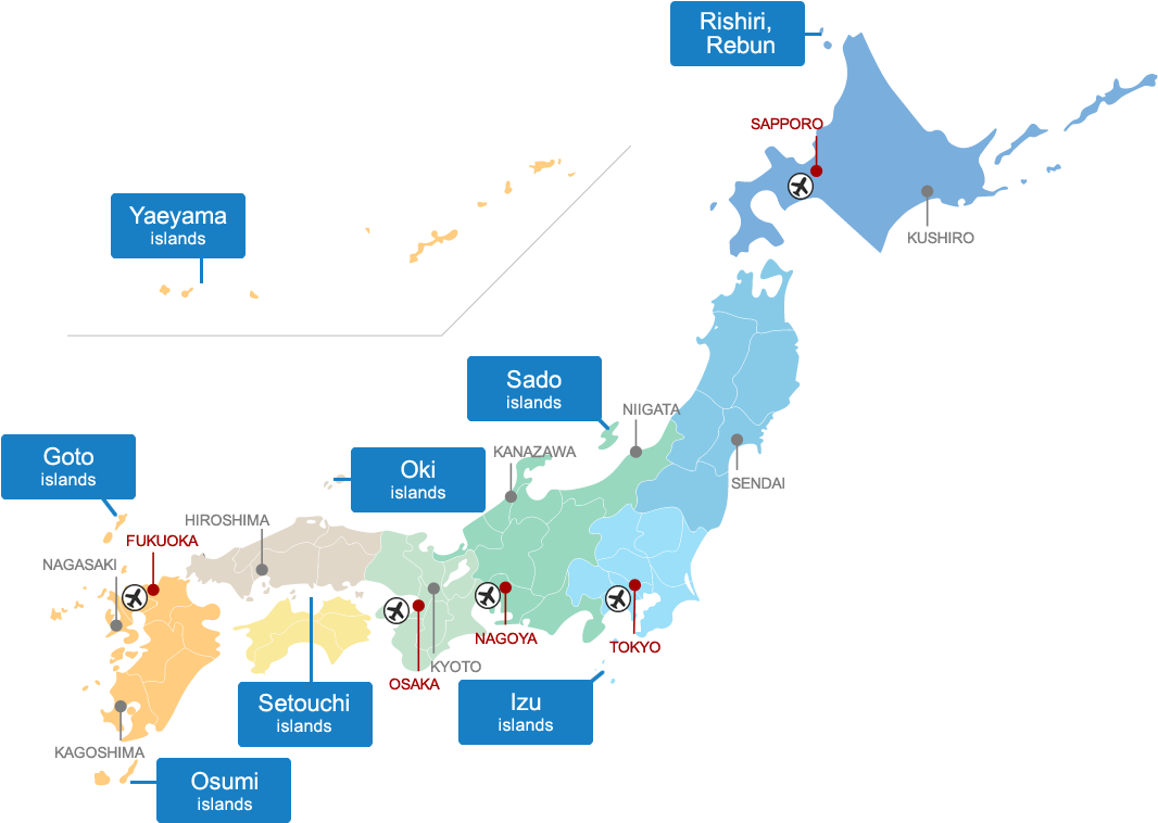 日本 桌布 壁紙 — 一張風格化的日本地圖，突出主要島嶼和城市，帶有顏色編碼的區域和標記的機場。