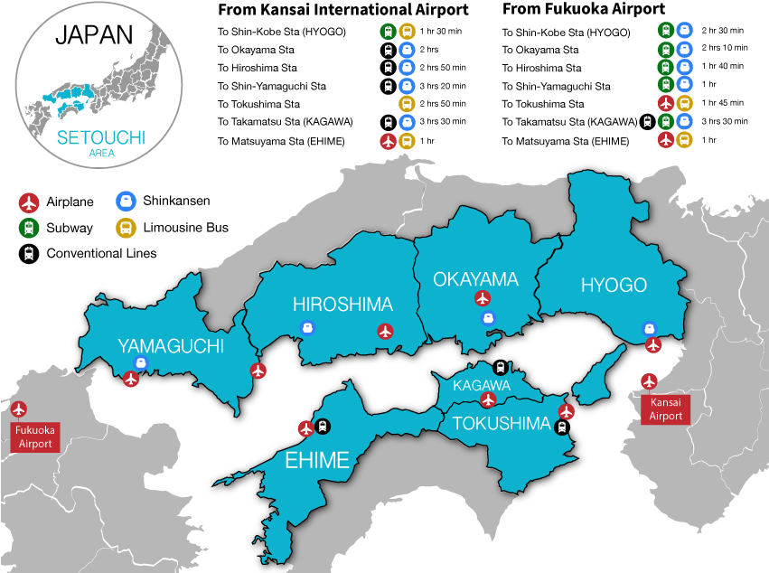 日本 桌布 壁紙 — 一張風格化的日本瀨戶內地區地圖，在黑色背景上突出顯示縣和交通圖標。