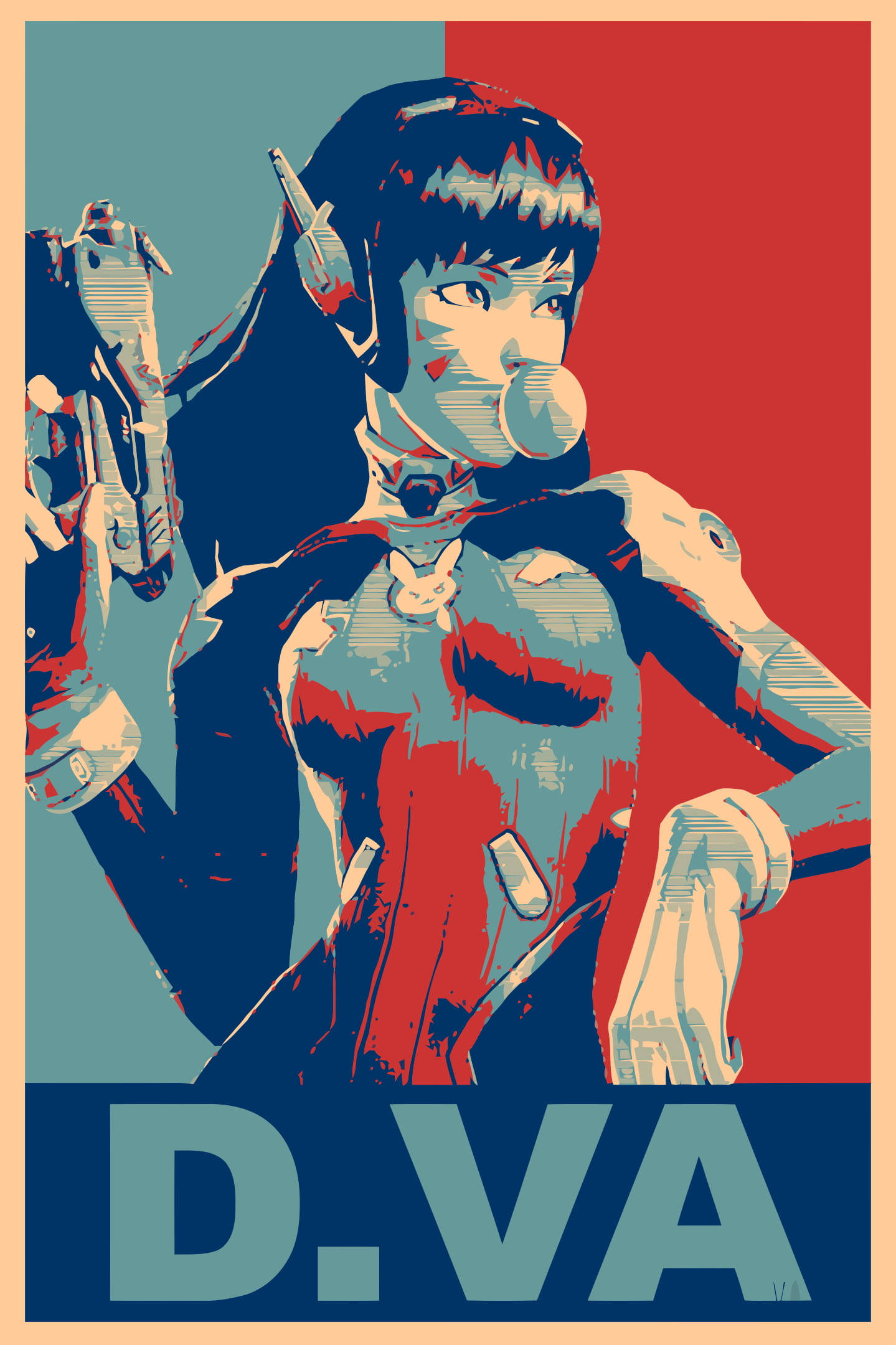 鬥陣特攻 桌布 壁紙 — 一張風格化的海報，D.Va 穿著她的機甲服，在紅藍分半的背景前手持武器。