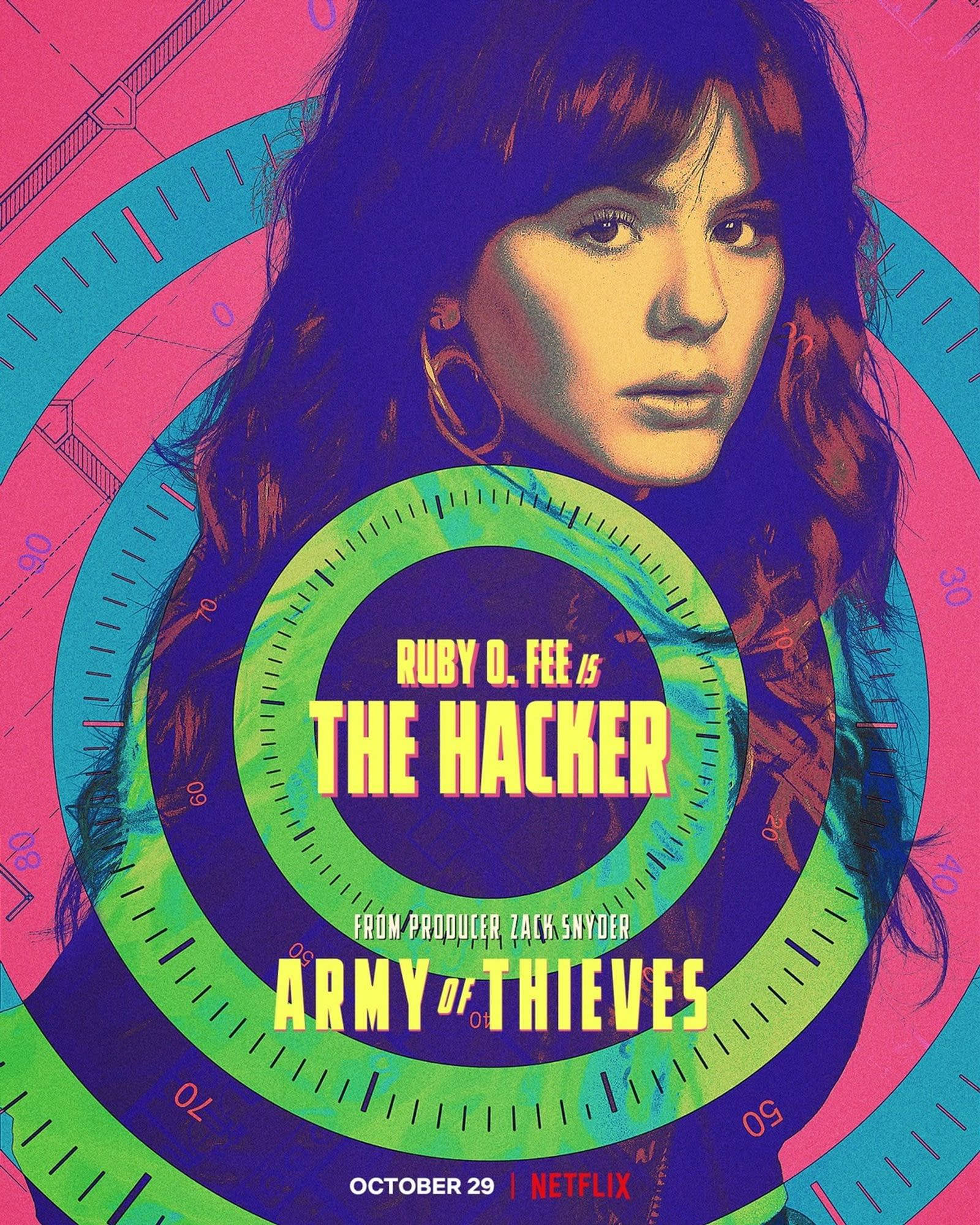 Army Of Thieves 桌布 壁紙 — 一張風格化的海報，Ruby O Fee 飾演的駭客被霓虹時鐘環包圍，背景是充滿活力的粉紅色和藍綠色。