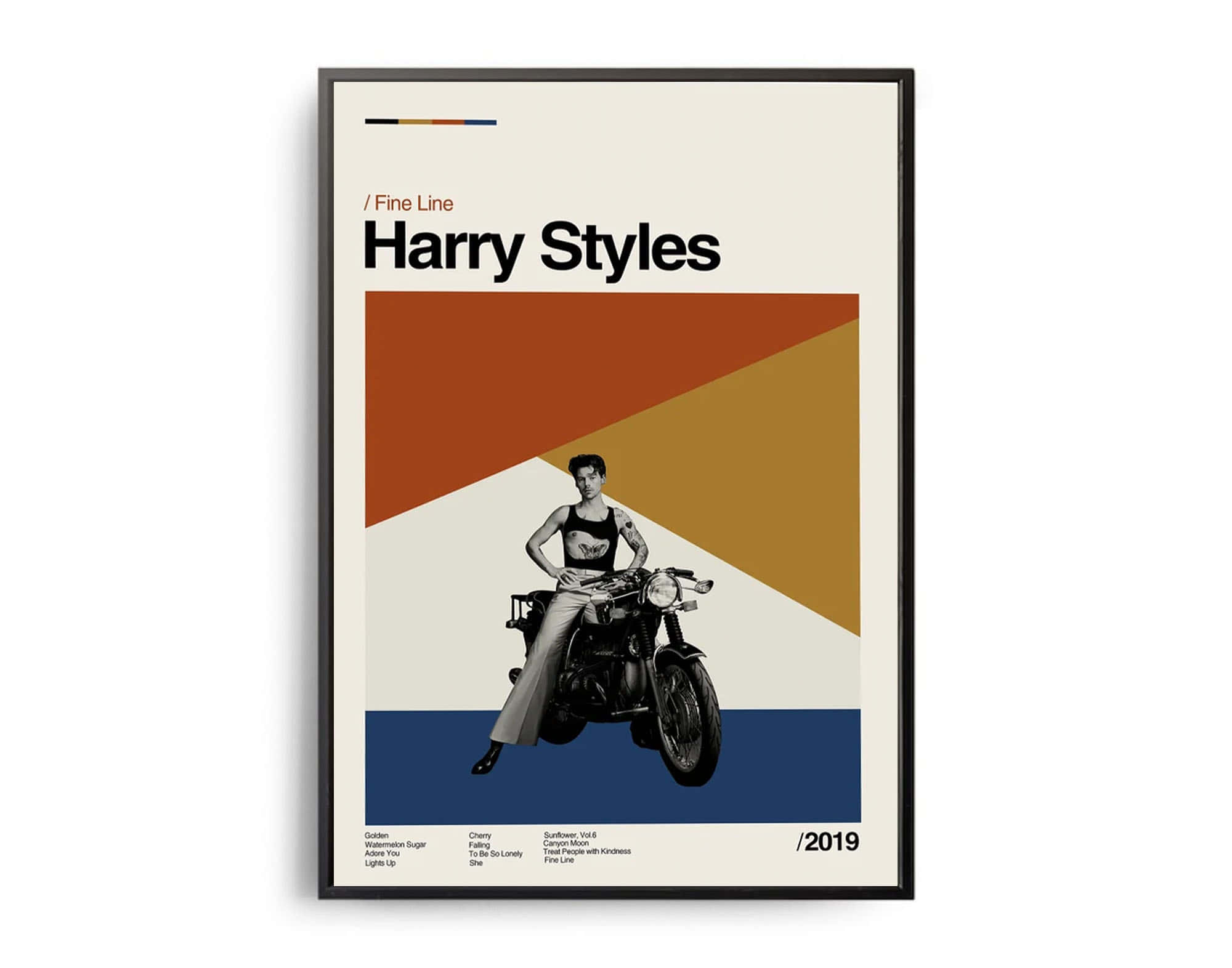 Harry Styles Fine Line 桌布 壁紙 — 一張風格化的海報，哈利·史泰爾斯坐在摩托車上，背景是大膽的幾何色塊。