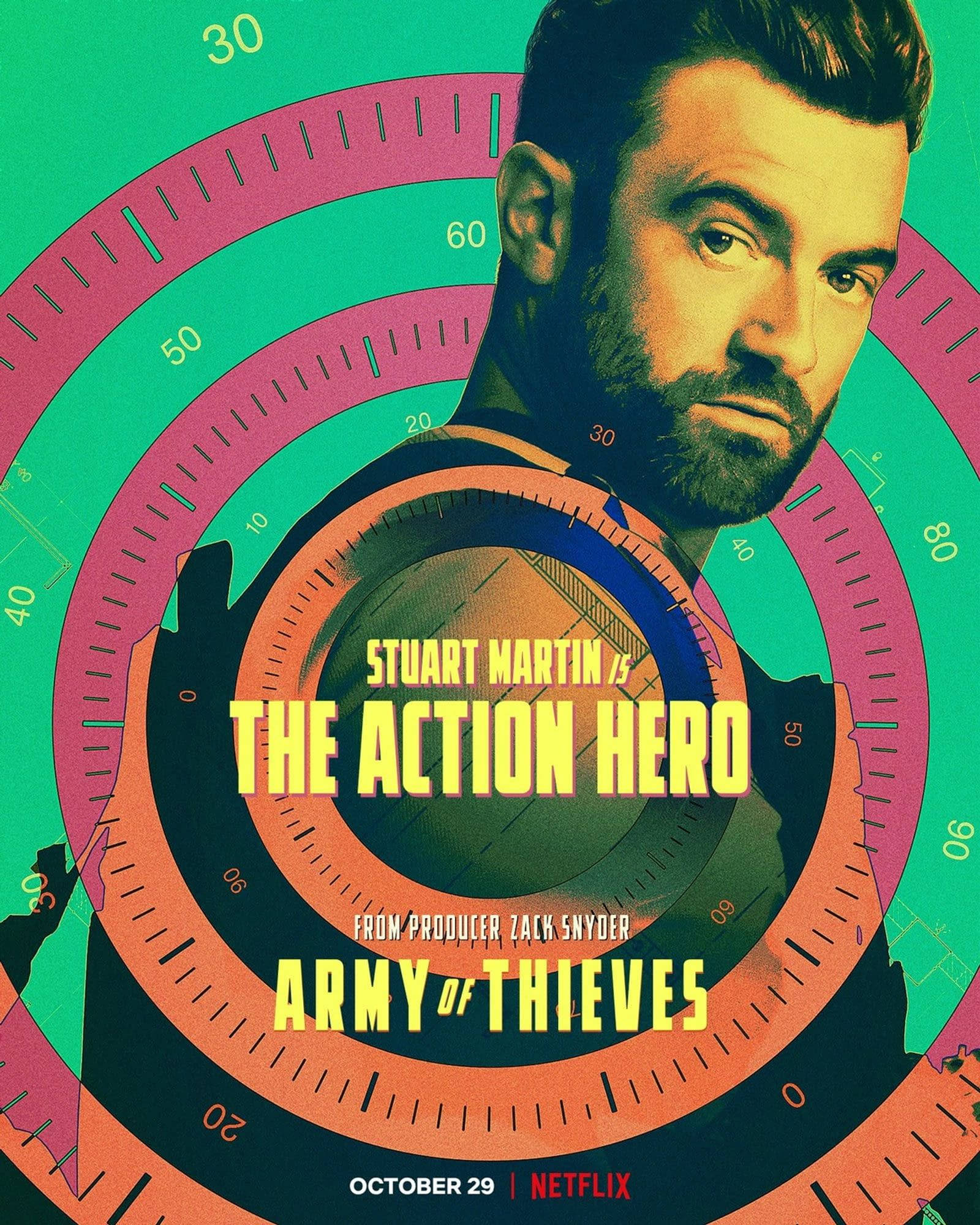 Army Of Thieves 桌布 壁紙 — 一張風格化的海報，展示 Stuart Martin 飾演的動作英雄，周圍環繞著大膽霓虹色彩的同心計時環。