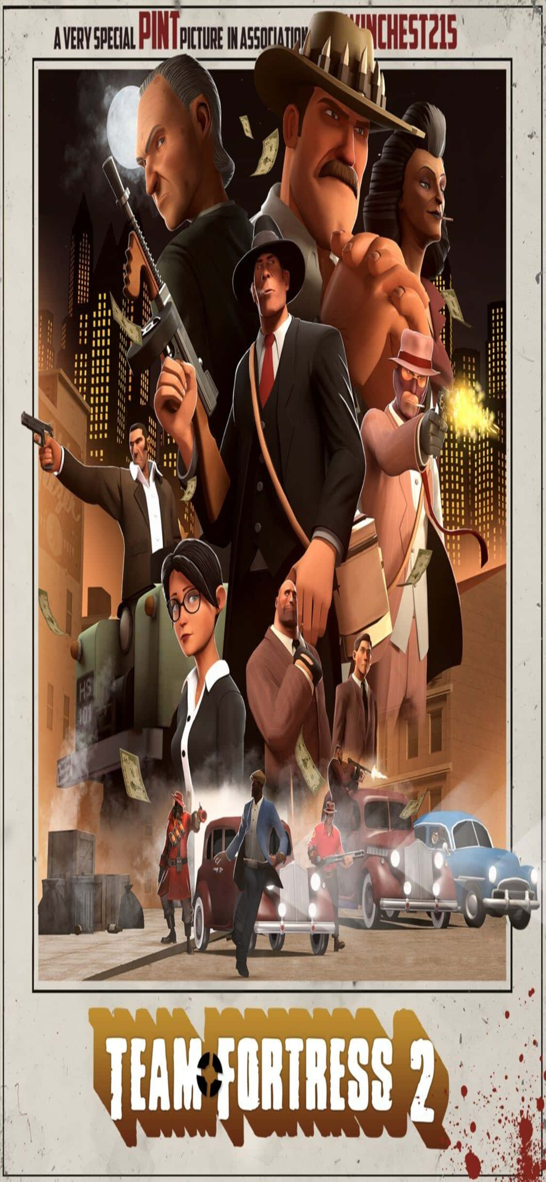 電玩遊戲 桌布 壁紙 — 一張風格化的海報，描繪《Team Fortress 2》角色身處 gritty 城市環境，配以復古汽車和戲劇性燈光。
