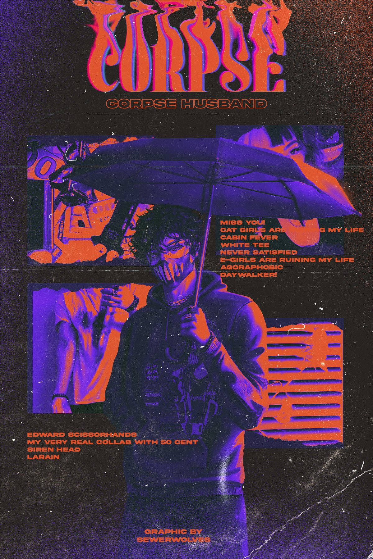 Corpse 桌布 壁紙 — 一張風格化的海報，描繪一個戴面具的人物在帶有故障效果的霓虹紫色和橙色文字下撐傘。