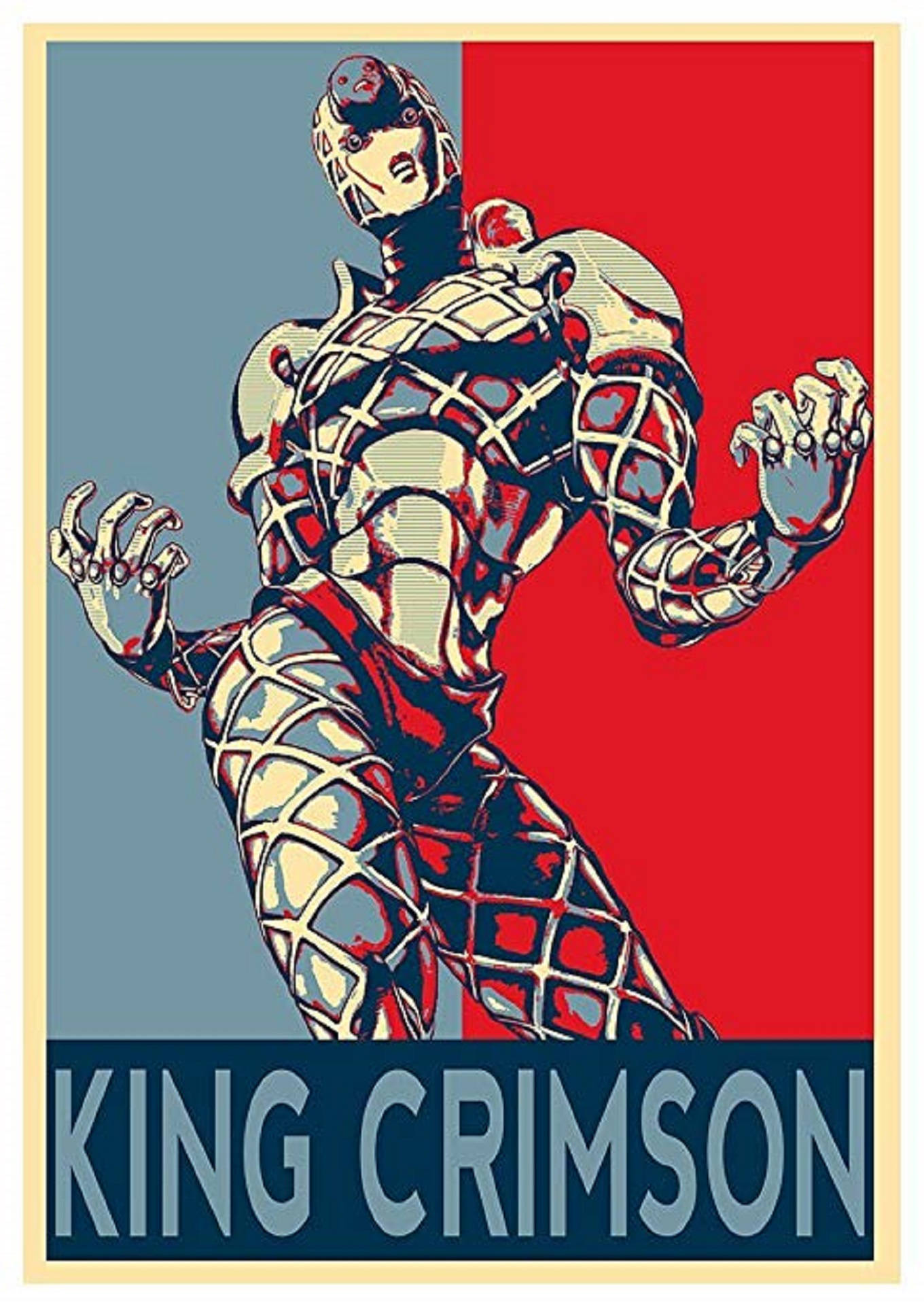 King Crimson 桌布 壁紙 — 一張風格化的海報，描繪一個穿著紅藍格紋西裝的肌肉發達人形角色，背景分為兩半。