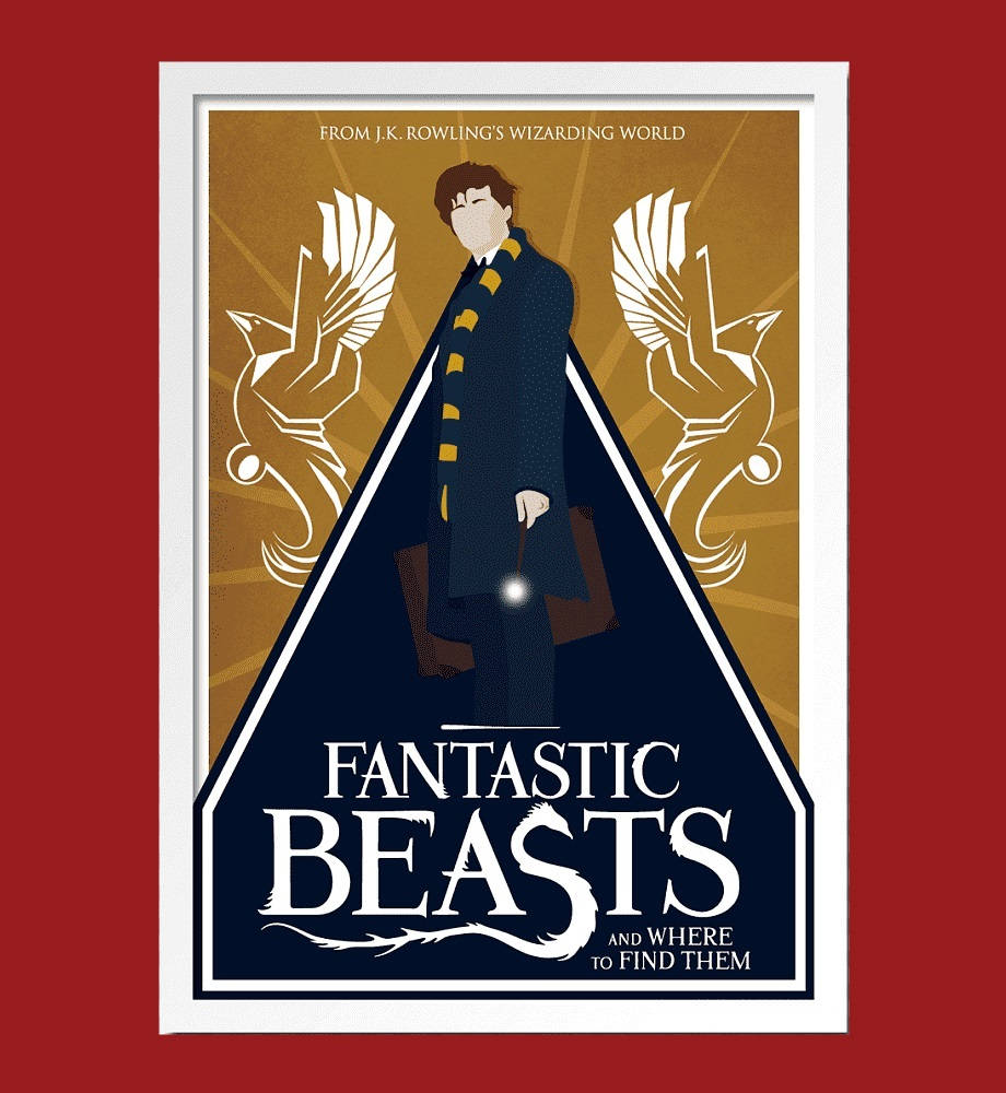 Fantastic Beasts And Where To Find Them 桌布 壁紙 — 一張風格化的海報，描繪紐特·斯卡曼德手持發光魔杖，兩側有兩隻帶翅膀的生物，背景是金色陽光四射。