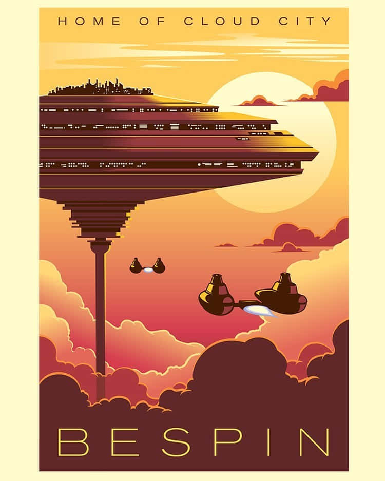 Bespin 桌布 壁紙 — 一張風格化的海報，描繪雲城在日落時漂浮在雲層之上，星際戰鬥機在下方飛行。