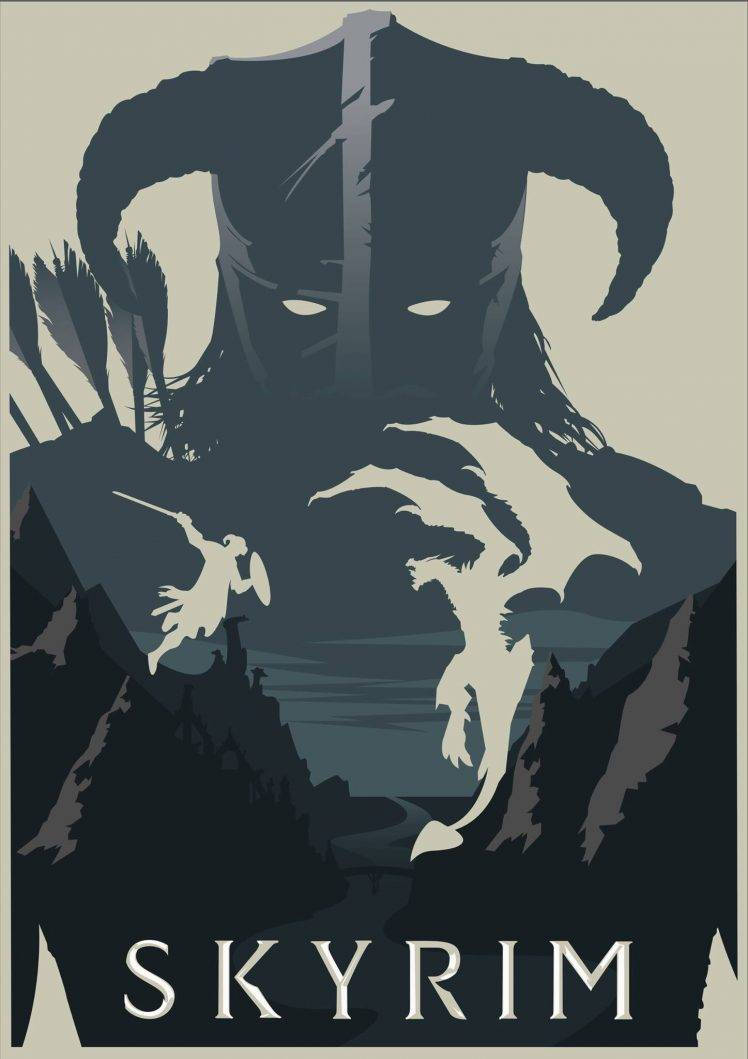 Skyrim 桌布 壁紙 — 一張風格化的海報，描繪龍與戰士在群山背景下的剪影，下方有SKYRIM字樣。