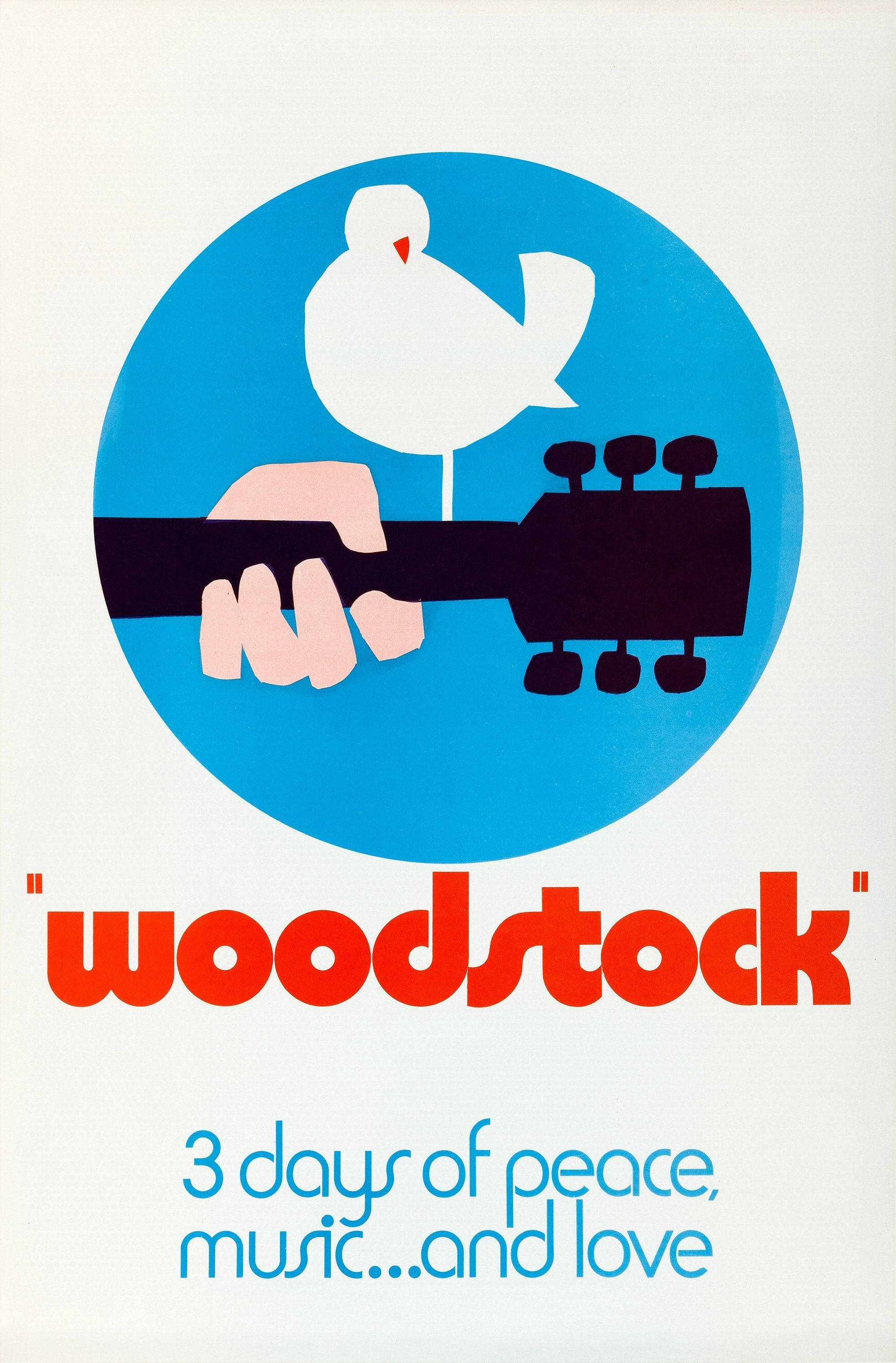 Woodstock 桌布 壁紙 — 一張風格化的海報展示了一隻白鴿棲息在一隻握著吉他琴頸的手上，背景為藍色圓形，下方有「Woodstock」文字。