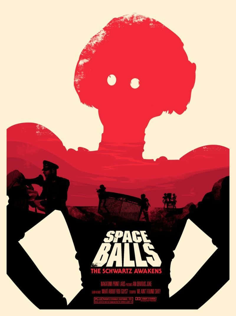 spaceballs 桌布 壁紙 — 一張風格化的海報顯示一個巨大的紅色外星人頭部籠罩著沙漠景觀中的剪影人物。