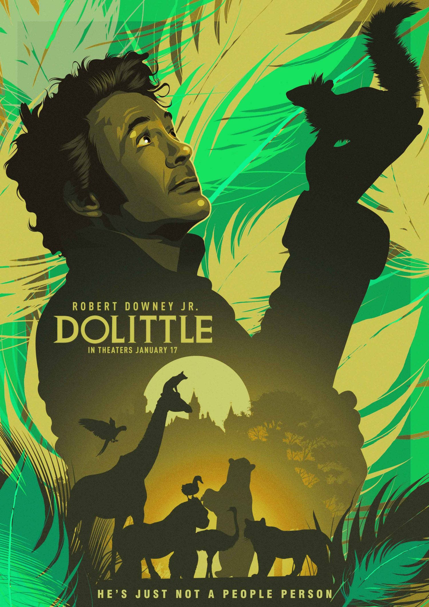 dolittle 桌布 壁紙 — 一張風格化的海報顯示小勞勃·道尼飾演的杜立德被動物剪影包圍，背景是充滿活力的綠色和黃色叢林。
