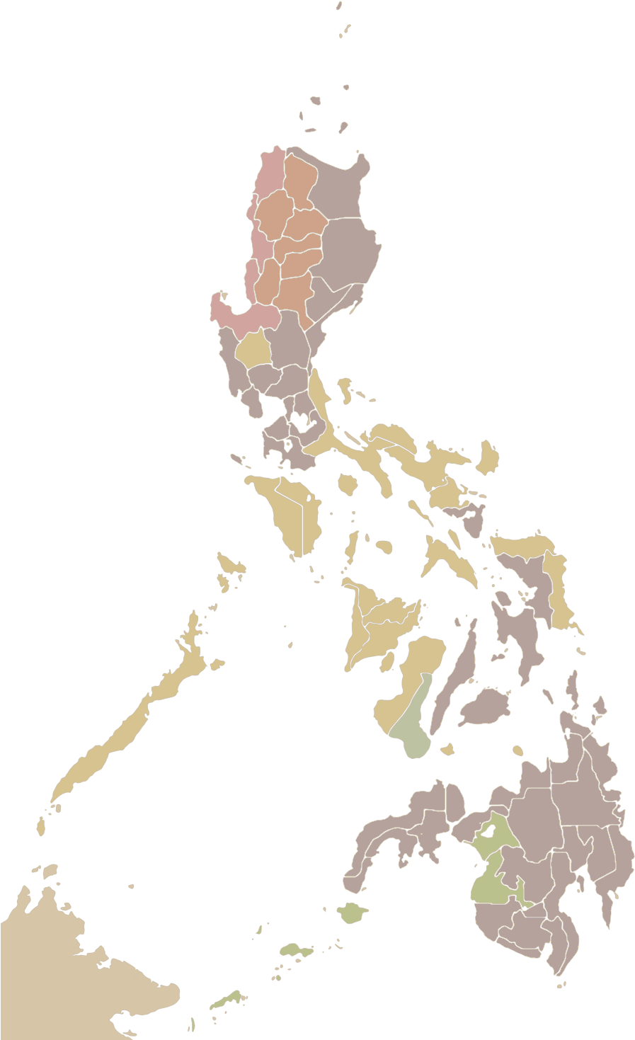 Philippines Map 桌布 壁紙 — 一張風格化的菲律賓地圖，區域以柔和的土色調呈現，背景為黑色。