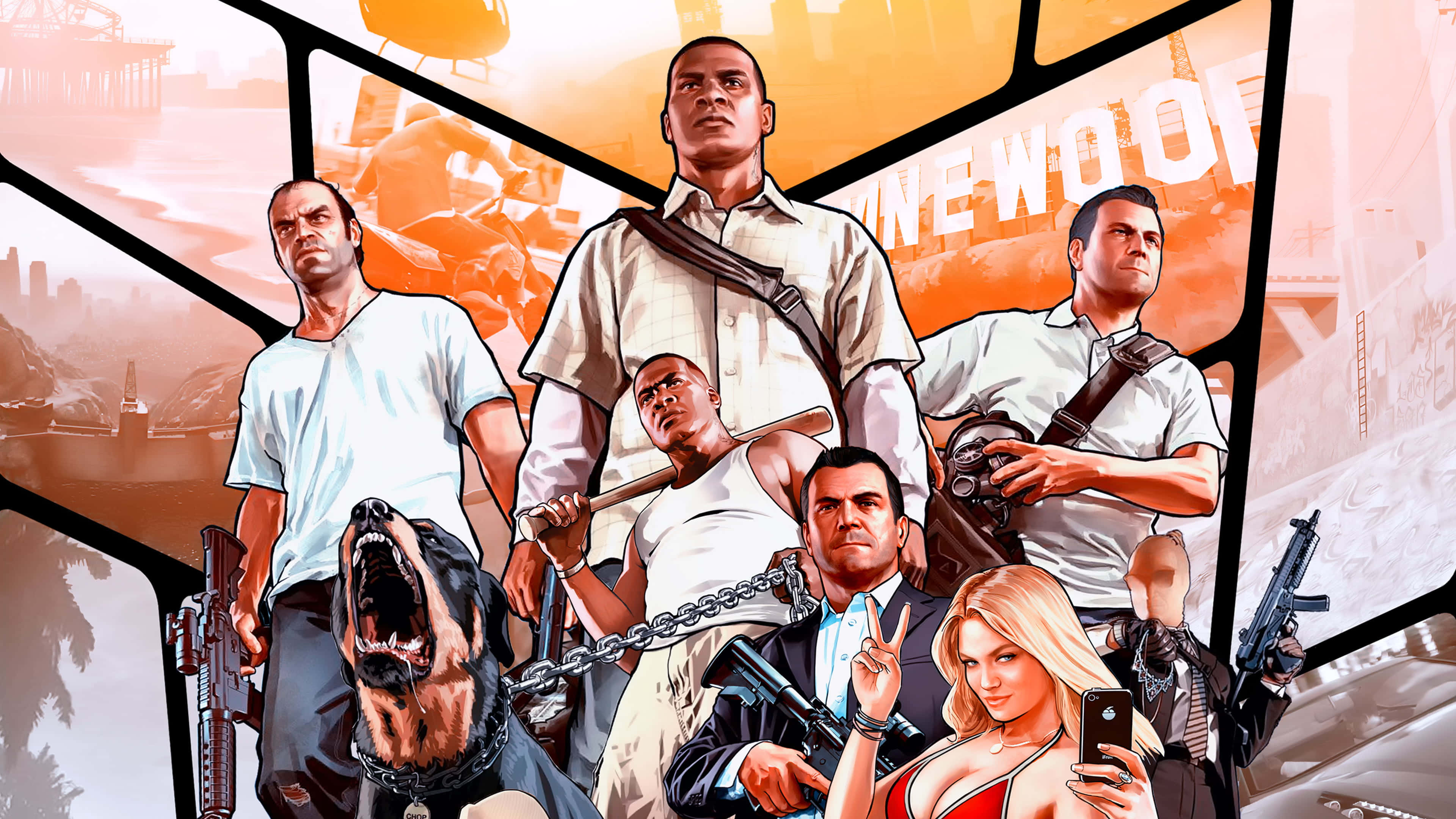 Gta V 4K 桌布 壁紙 — 一張風格化的遊戲海報，描繪六名武裝男子和一隻吠叫的羅威納犬，背景是破碎的城市景觀。