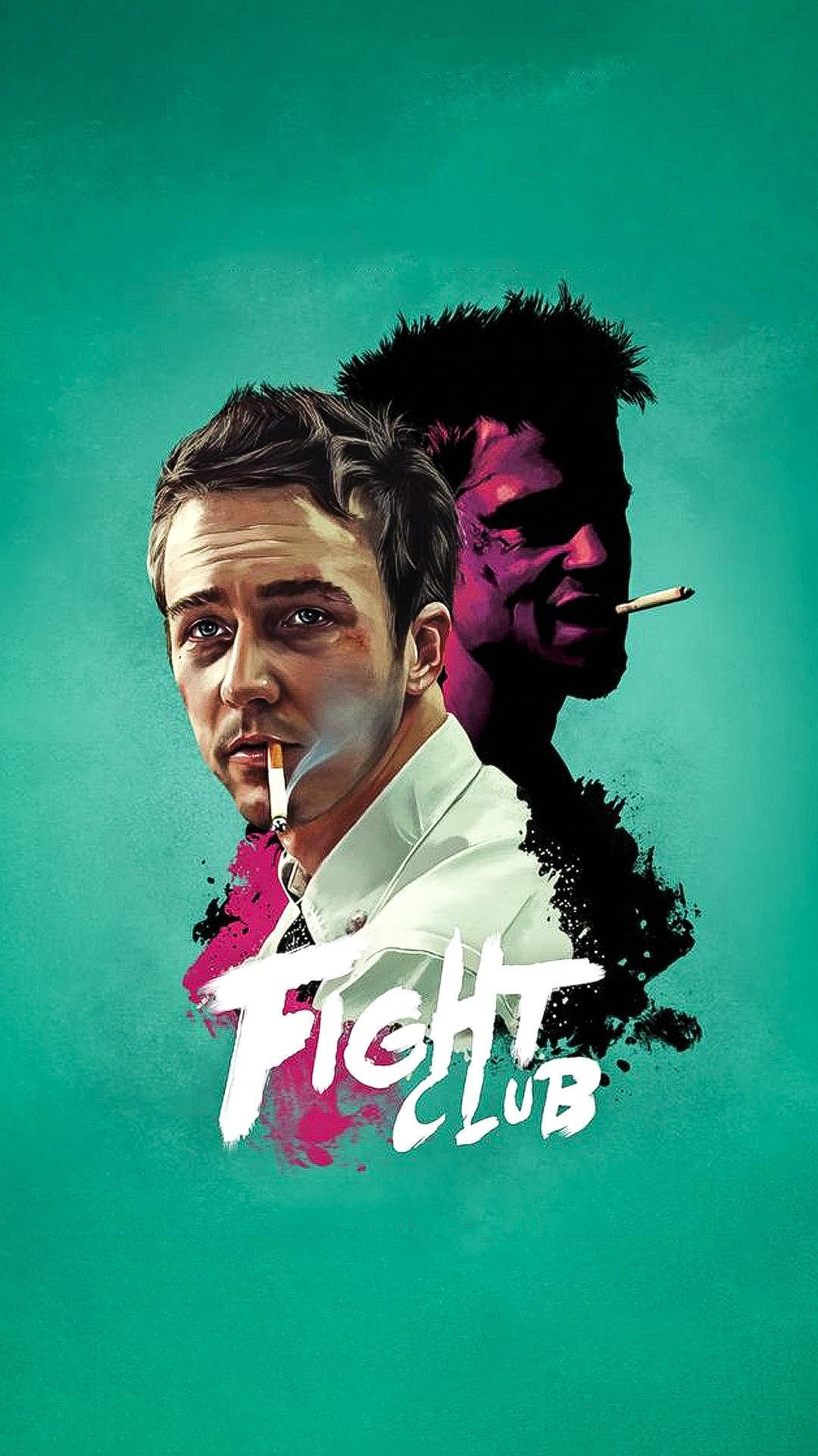 club 桌布 壁紙 — 一張風格化的電影海報顯示一個男人在抽煙，身後有一個陰暗的分身，背景是青綠色。