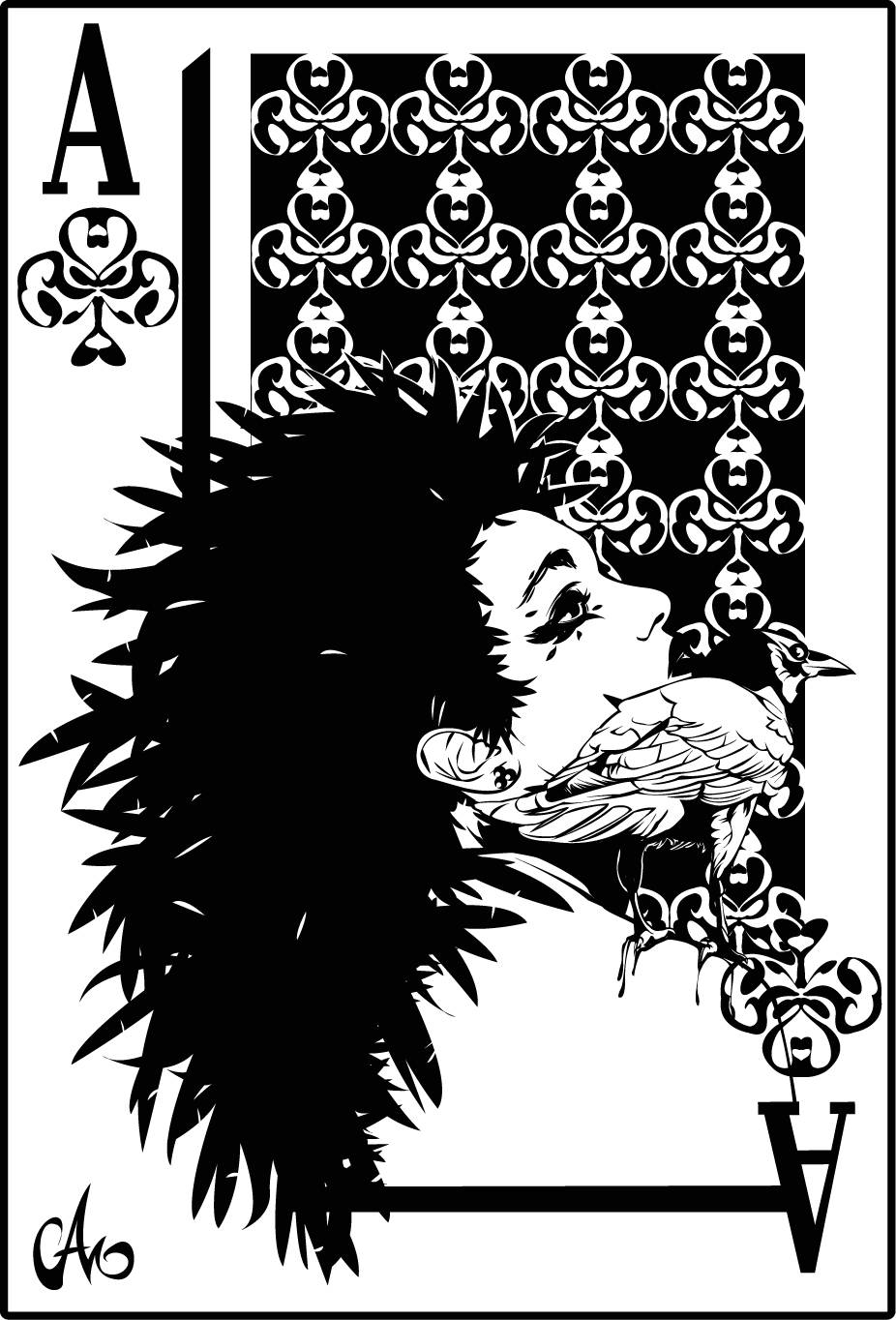 black cartoon girl 桌布 壁紙 — 一張風格化的黑白撲克牌梅花A，圖案為一位頭髮尖刺的女性在華麗的錦緞圖案前抱著一隻鳥。