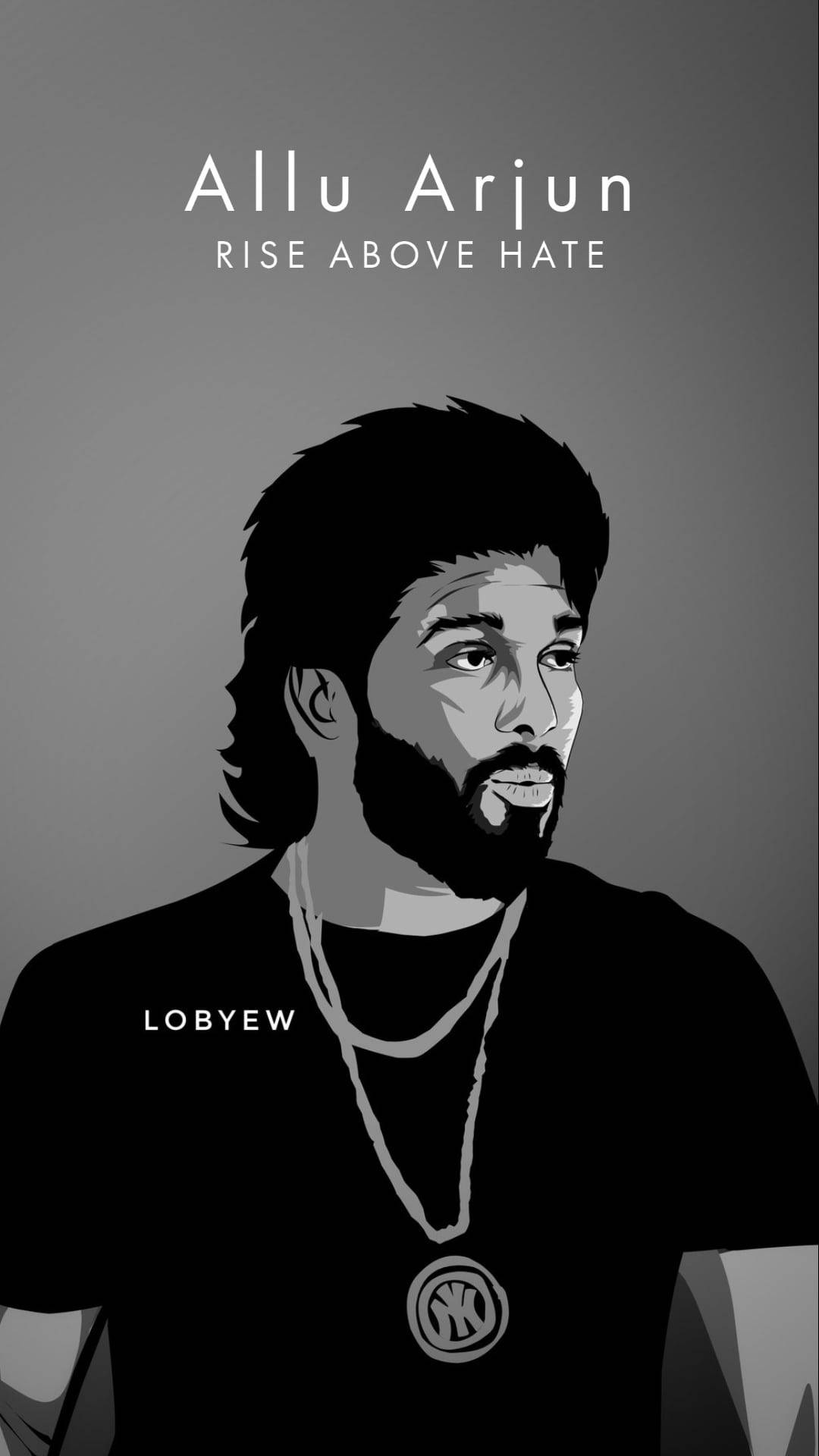 阿盧·阿瓊 桌布 壁紙 — 一張風格化的黑白肖像，描繪 Allu Arjun，以粗線條和漸變陰影呈現，背景為灰色。
