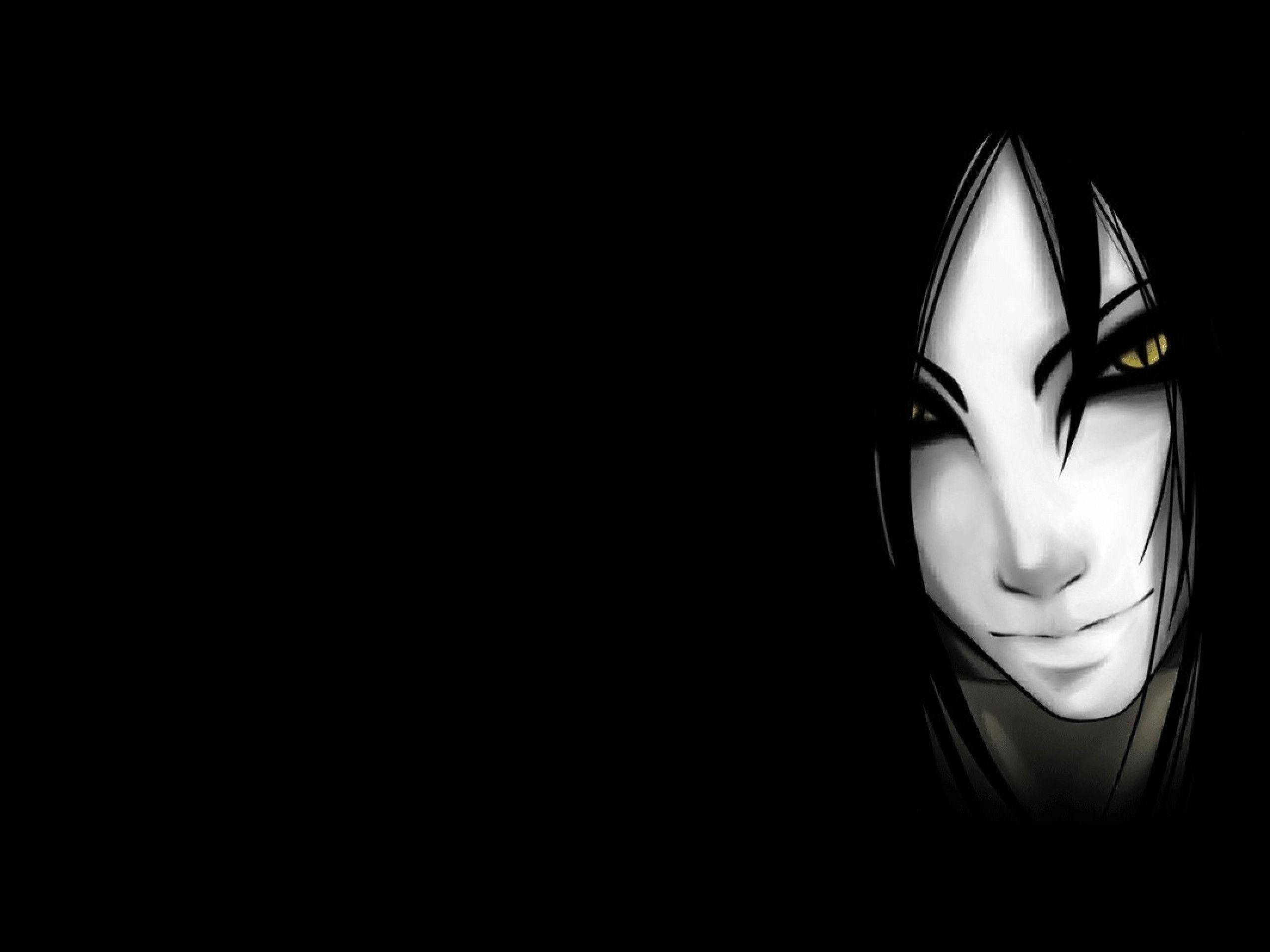 Orochimaru 桌布 壁紙 — 一張風格鮮明的動漫臉孔，帶有發光的黃色眼睛，從黑暗中浮現，營造出詭異而神秘的氛圍。