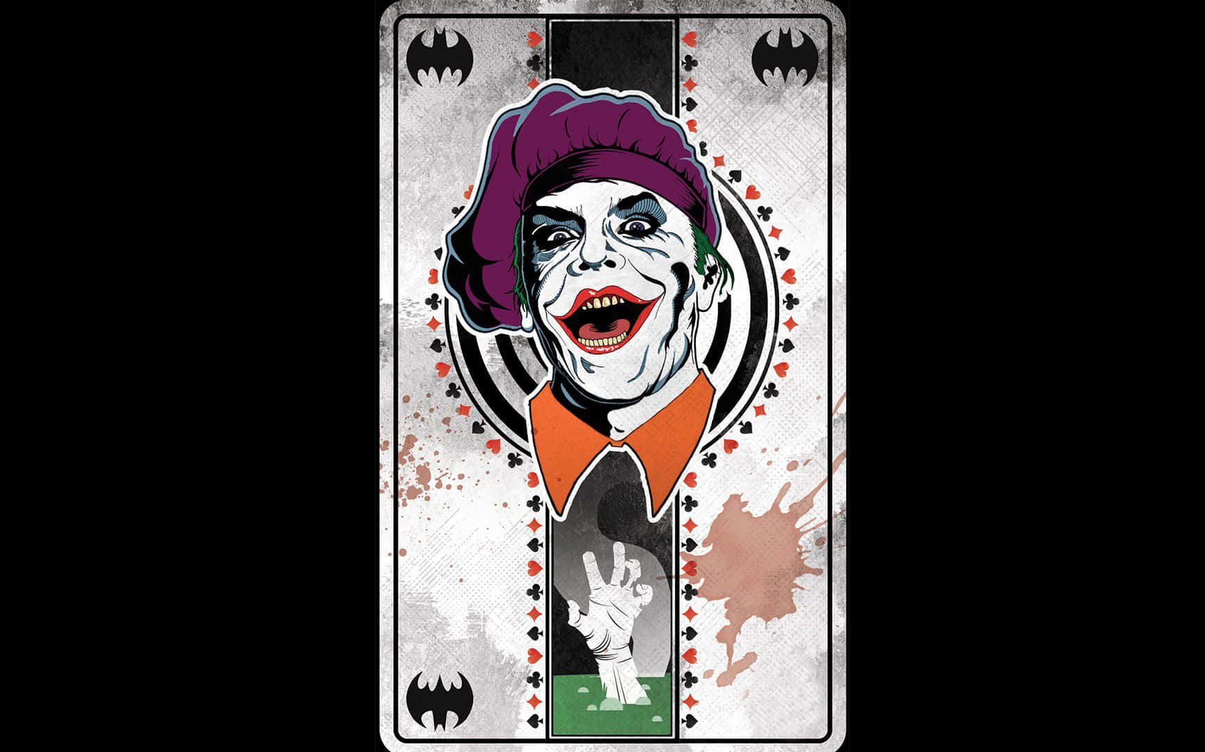 Joker Card 桌布 壁紙 — 一張骯髒的撲克牌上的風格化小丑肖像，帶有蝙蝠俠符號和油漆潑濺。
