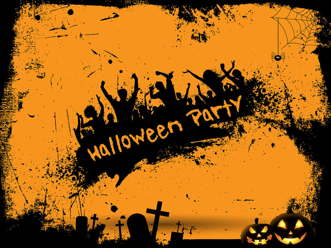 Halloween Party 桌布 壁紙 — 一張骯髒的橙色萬聖節派對海報，帶有剪影舞者、南瓜燈和蜘蛛網，背景是飛濺的。