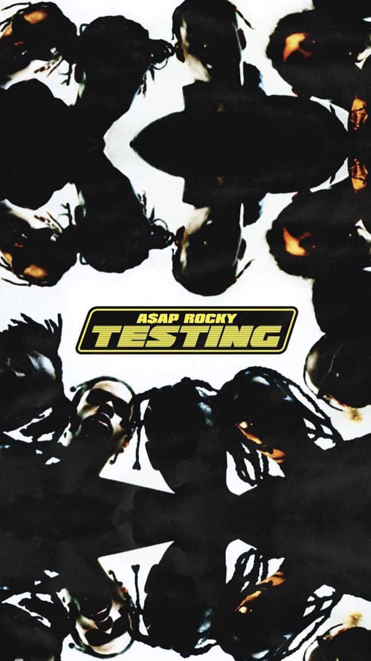 Hip Hop Album Covers 桌布 壁紙 — 一張高對比度的黑白拼貼畫，ASAP Rocky 的臉以碎片化、重疊的姿勢重複出現，中央有粗體黃色文字「TESTING」。
