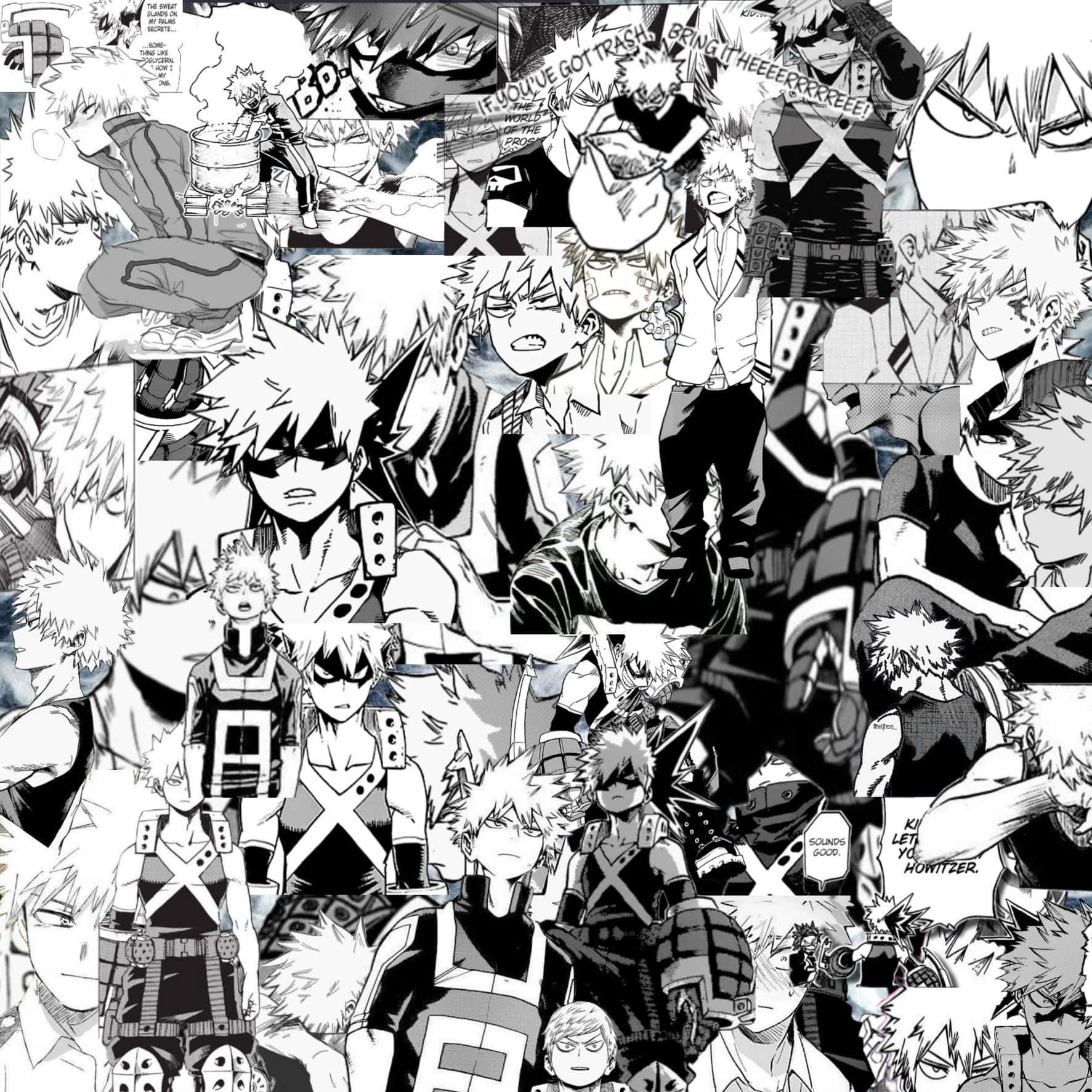 Manga Pages 桌布 壁紙 — 一張高對比度的黑白拼貼畫，展示動漫角色爆豪在各種動態漫畫分鏡中的形象。