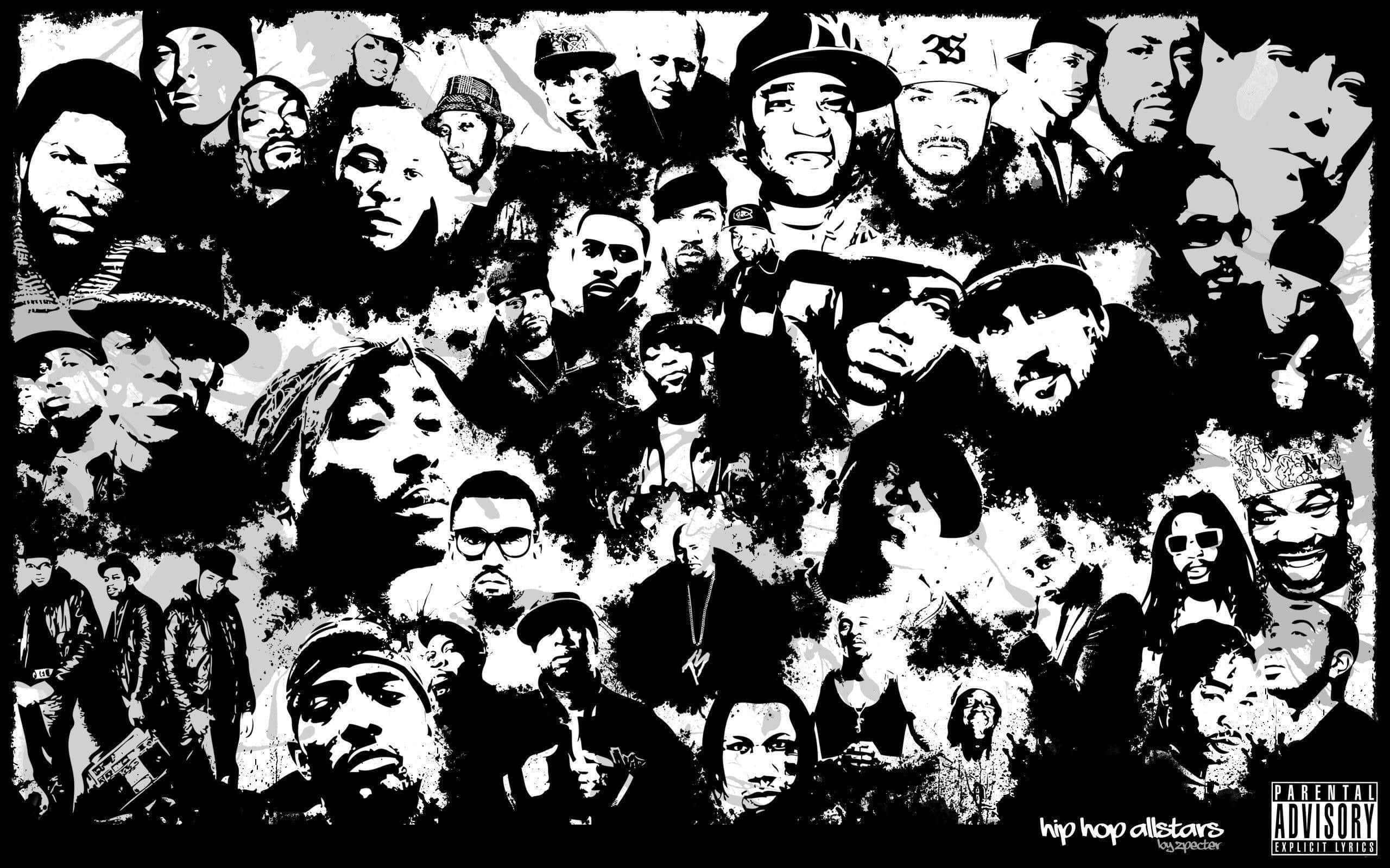 Black Culture 桌布 壁紙 — 一張高對比度的黑白拼貼畫，描繪了標誌性的嘻哈藝術家，帶有粗糙的紋理和富有表現力的面孔。