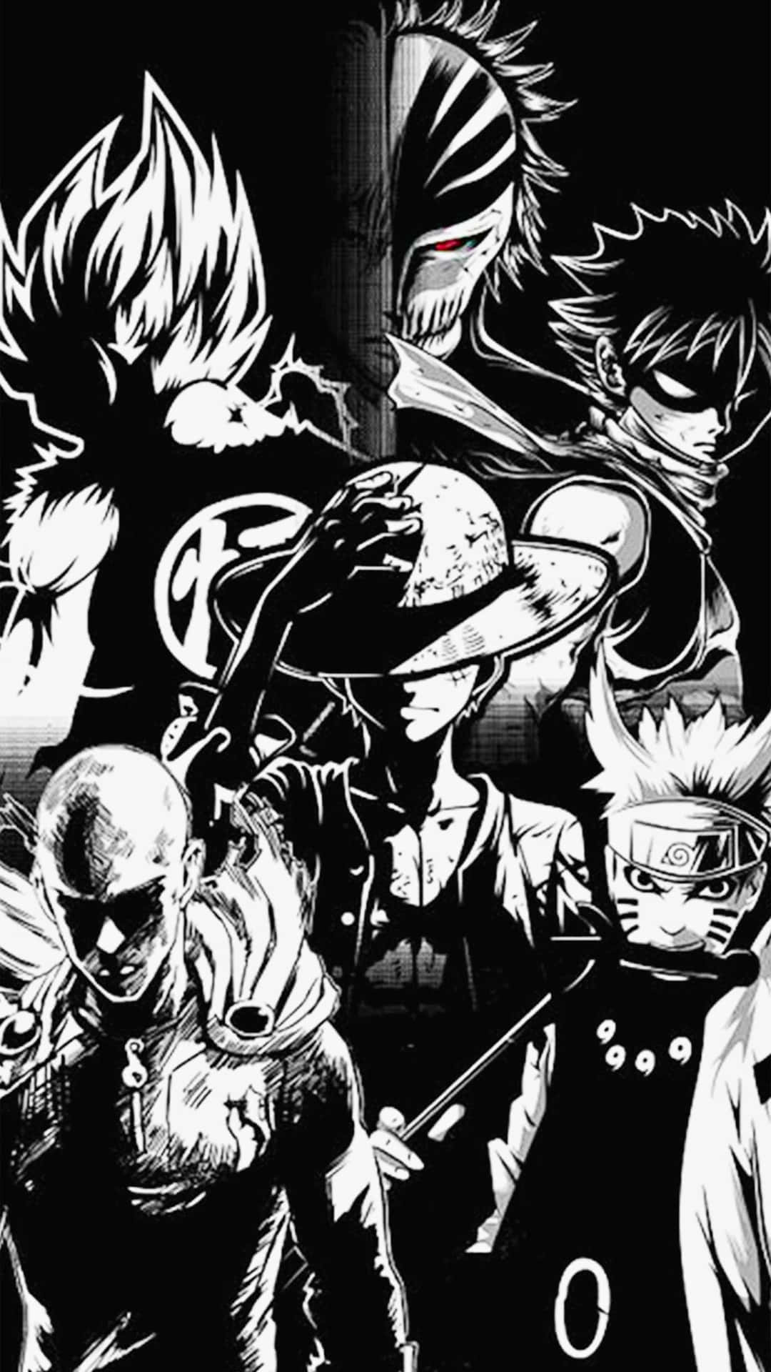 anime super heros 壁紙 — 一張高對比度的黑白漫畫風格拼貼畫，描繪了五個動漫角色以動態姿勢呈現，線條銳利，陰影效果強烈。