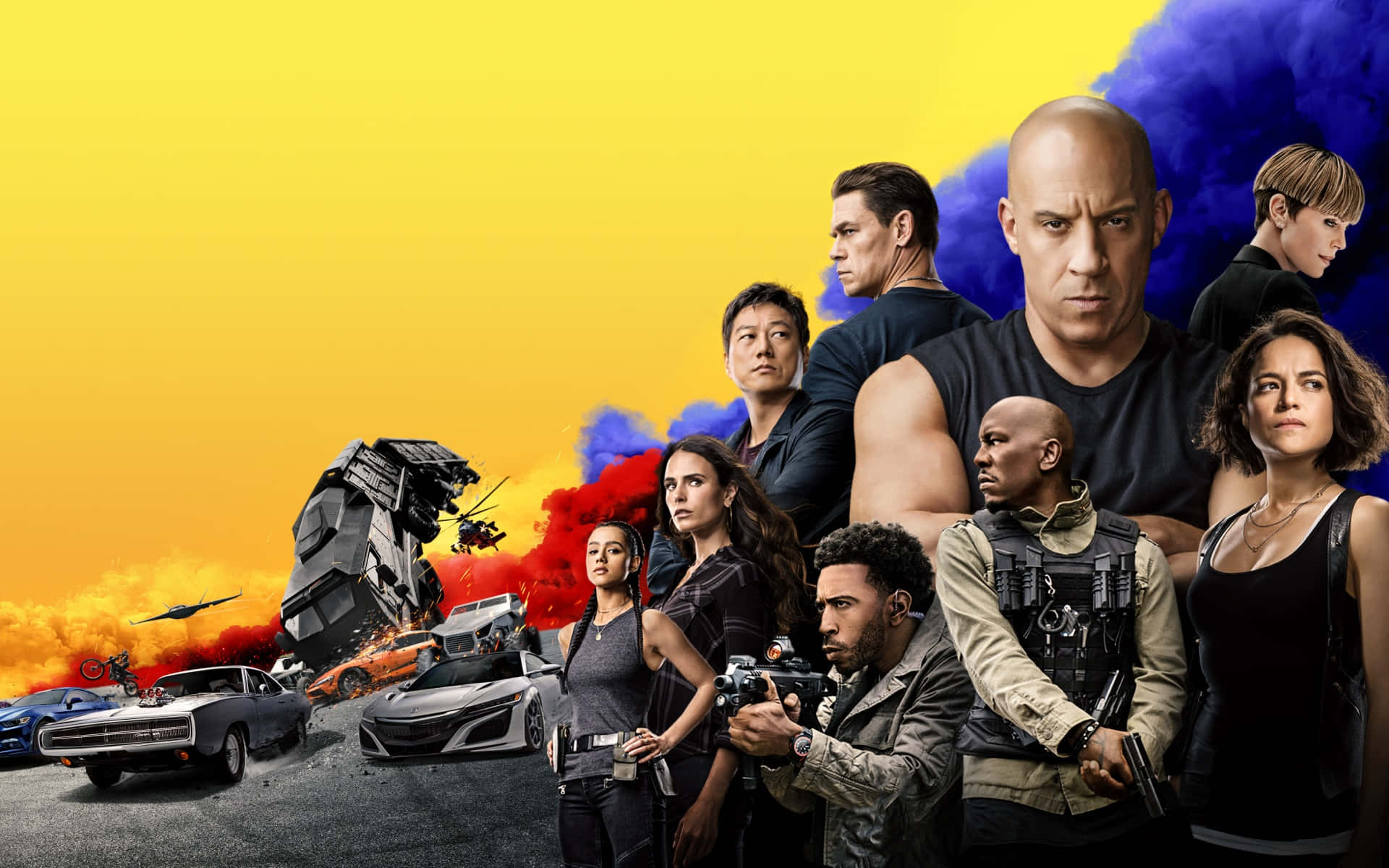 Hollywood Movie 桌布 壁紙 — 一張高能量電影海報， featuring Furious 7 演員陣容、汽車、爆炸和鮮豔的黃藍色背景。