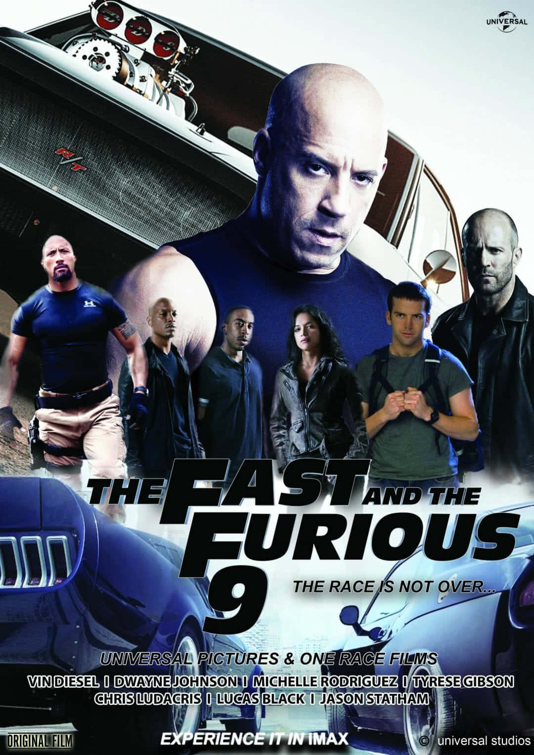電影動圖 桌布 壁紙 — 一張高辛烷值的《Fast and the Furious 9》電影海報， featuring 馮·迪索和團隊、賽車以及大膽的字體設計。