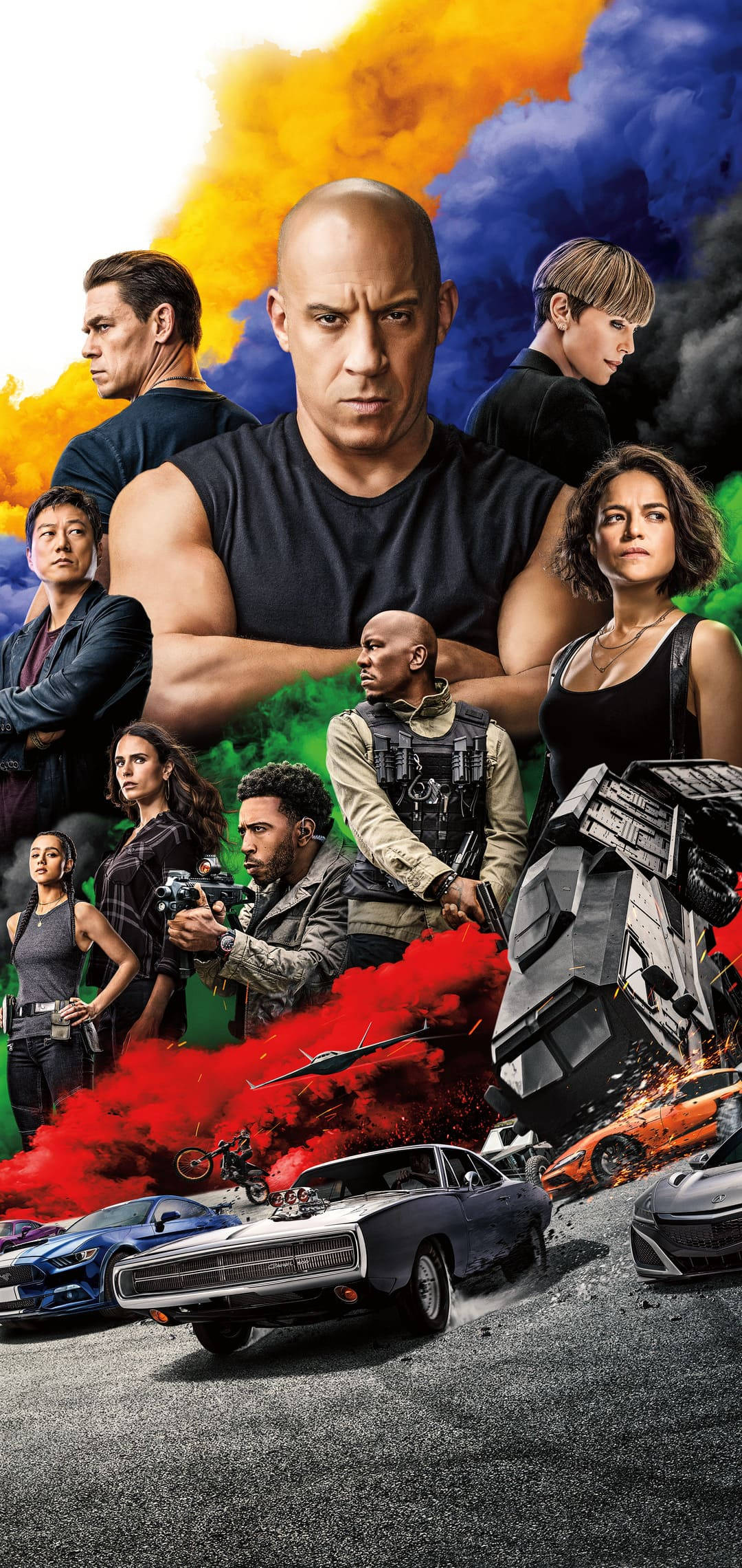 桌布 壁紙 — 一張高辛烷值電影海報， featuring Furious 7 演員陣容、賽車和爆炸性色彩。