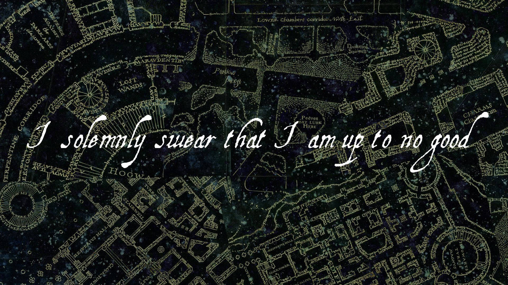 Slytherin Aesthetic 桌布 壁紙 — 一張魔法霍格華茲地圖，在黑暗星空背景下以金色線條發光，並以優雅字體寫著「我鄭重發誓我沒安好心」。