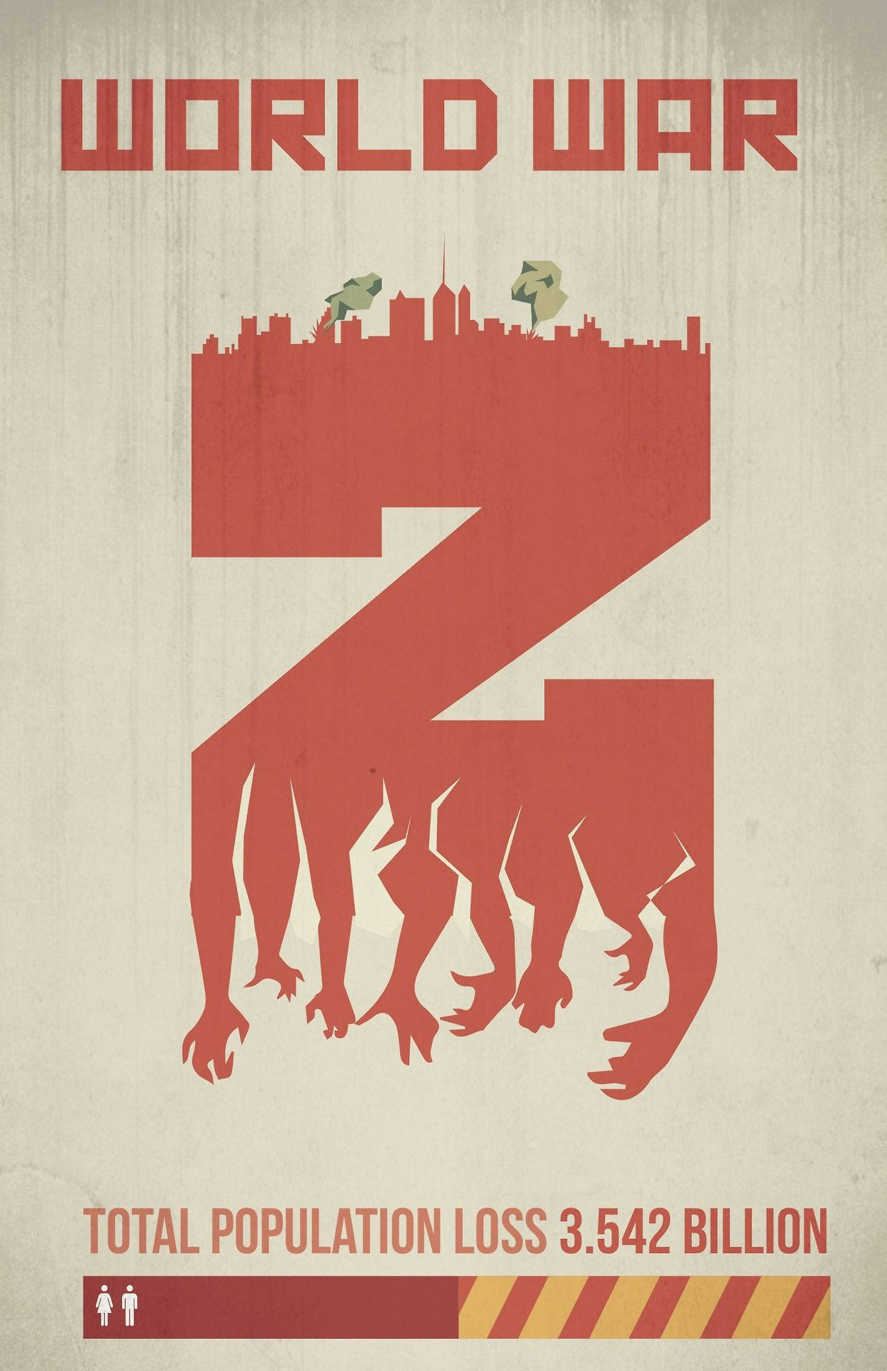 world war z 4K 桌布 壁紙 — 一張鮮明的紅色圖形海報展示了一個巨大的數字二，底部有殭屍手伸出，頂部形成城市天際線。